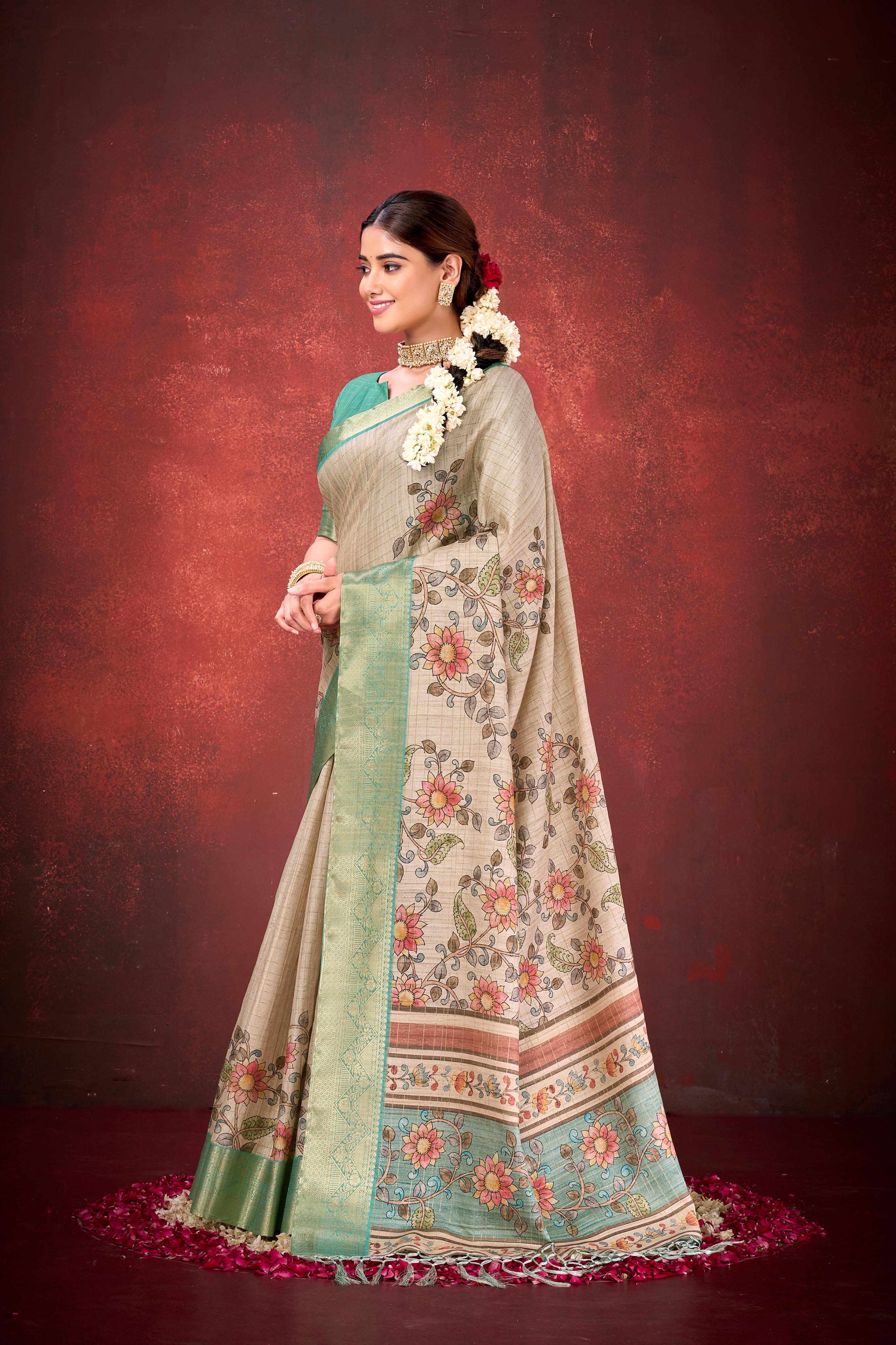 Cream Mulbery Jacquard Silk Printed Saree - Image 4