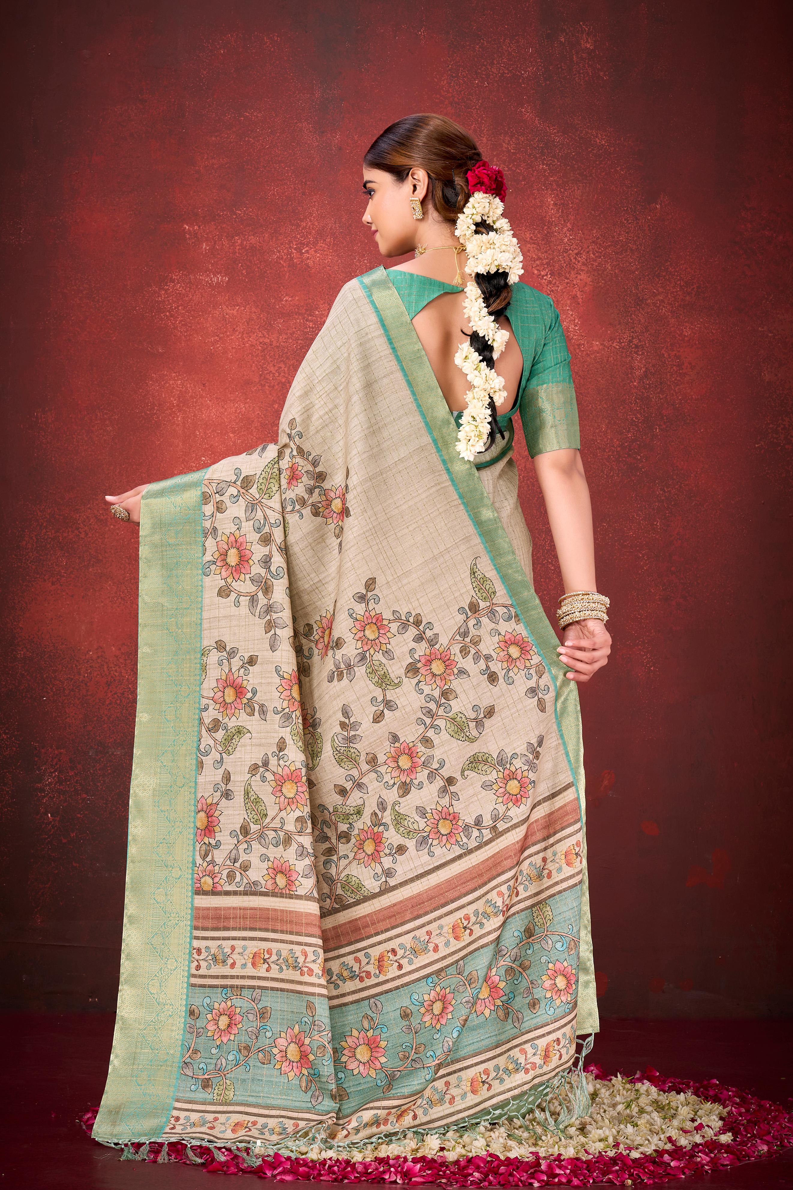 Cream Mulbery Jacquard Silk Printed Saree - Image 6