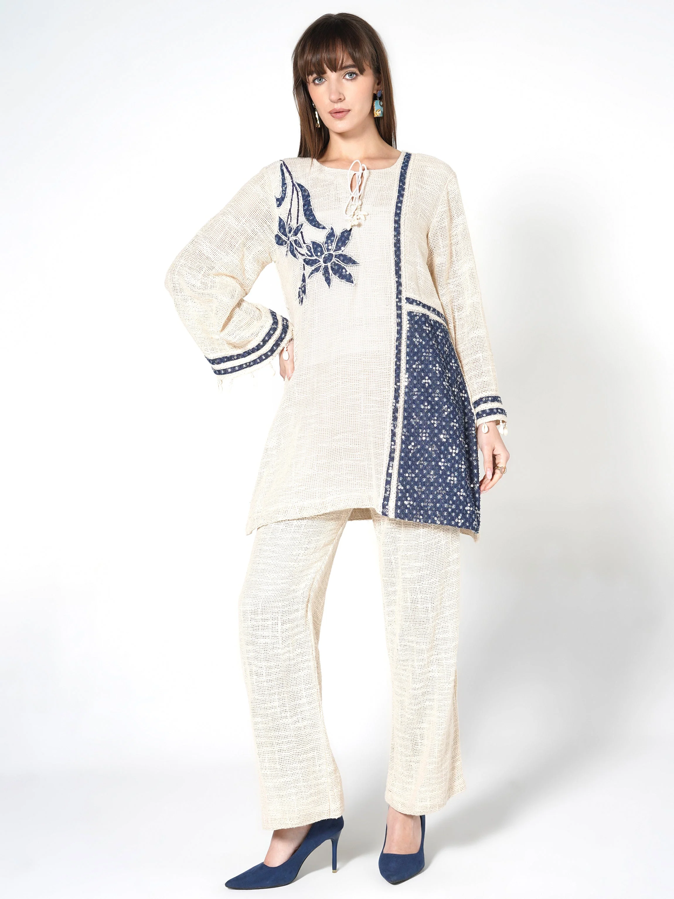 Cream & Navy Embellished Jute Co-ord Set - Image 3
