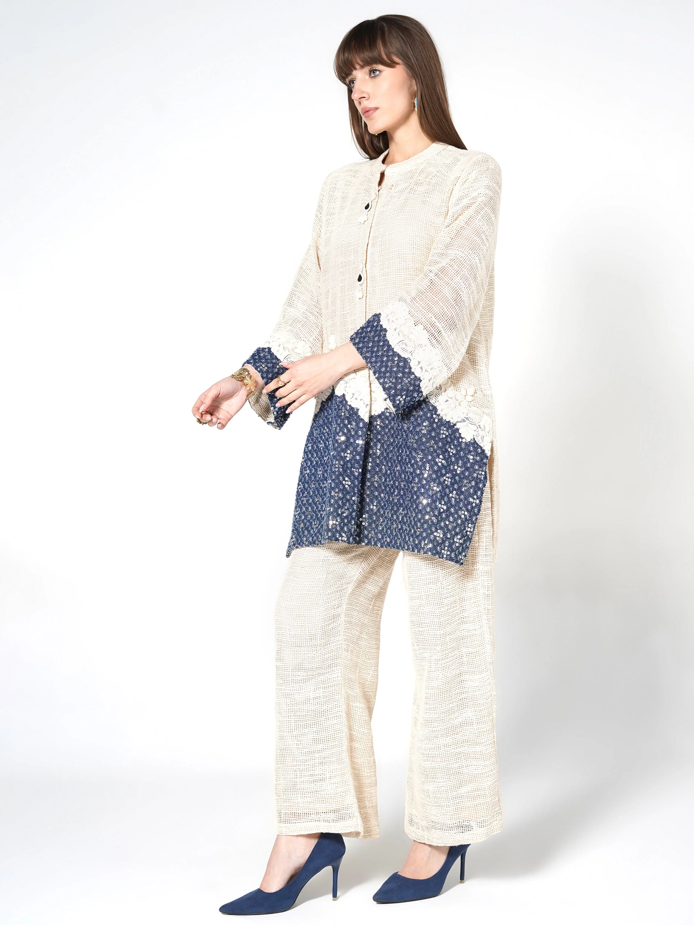 Cream & Blue Color-Blocked Jute Co-ord Set - Image 3