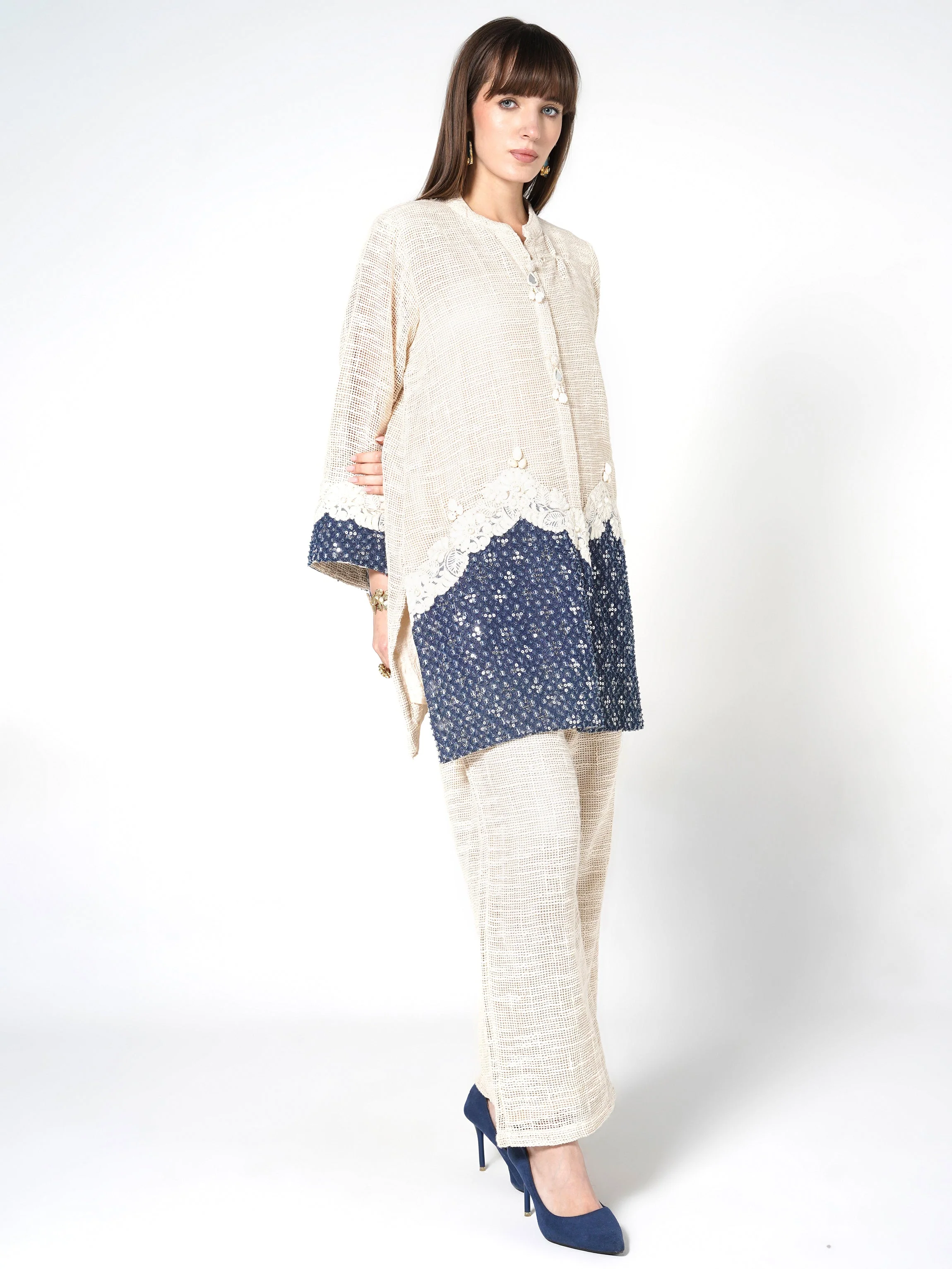 Cream & Blue Color-Blocked Jute Co-ord Set - Image 4