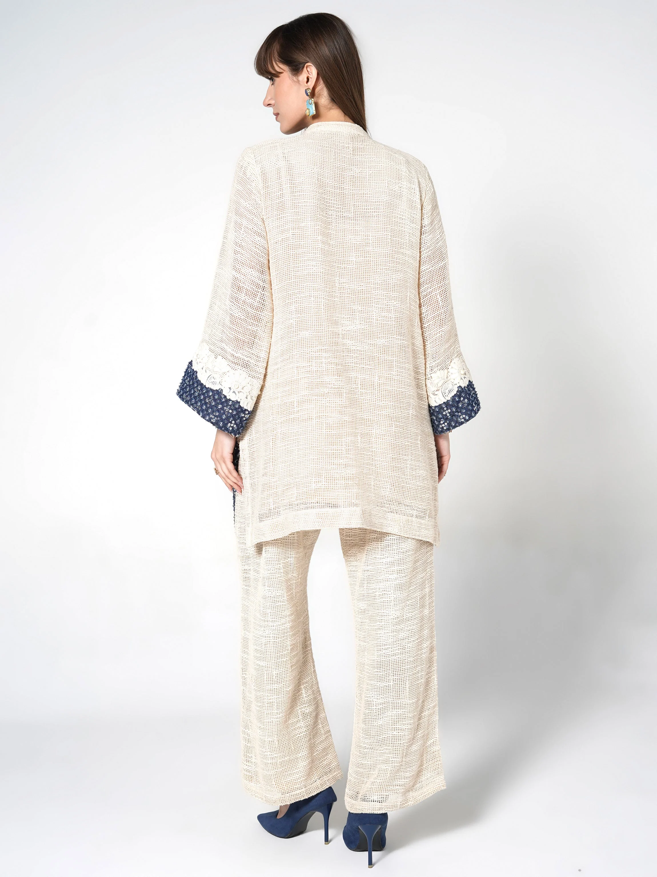 Cream & Blue Color-Blocked Jute Co-ord Set - Image 6