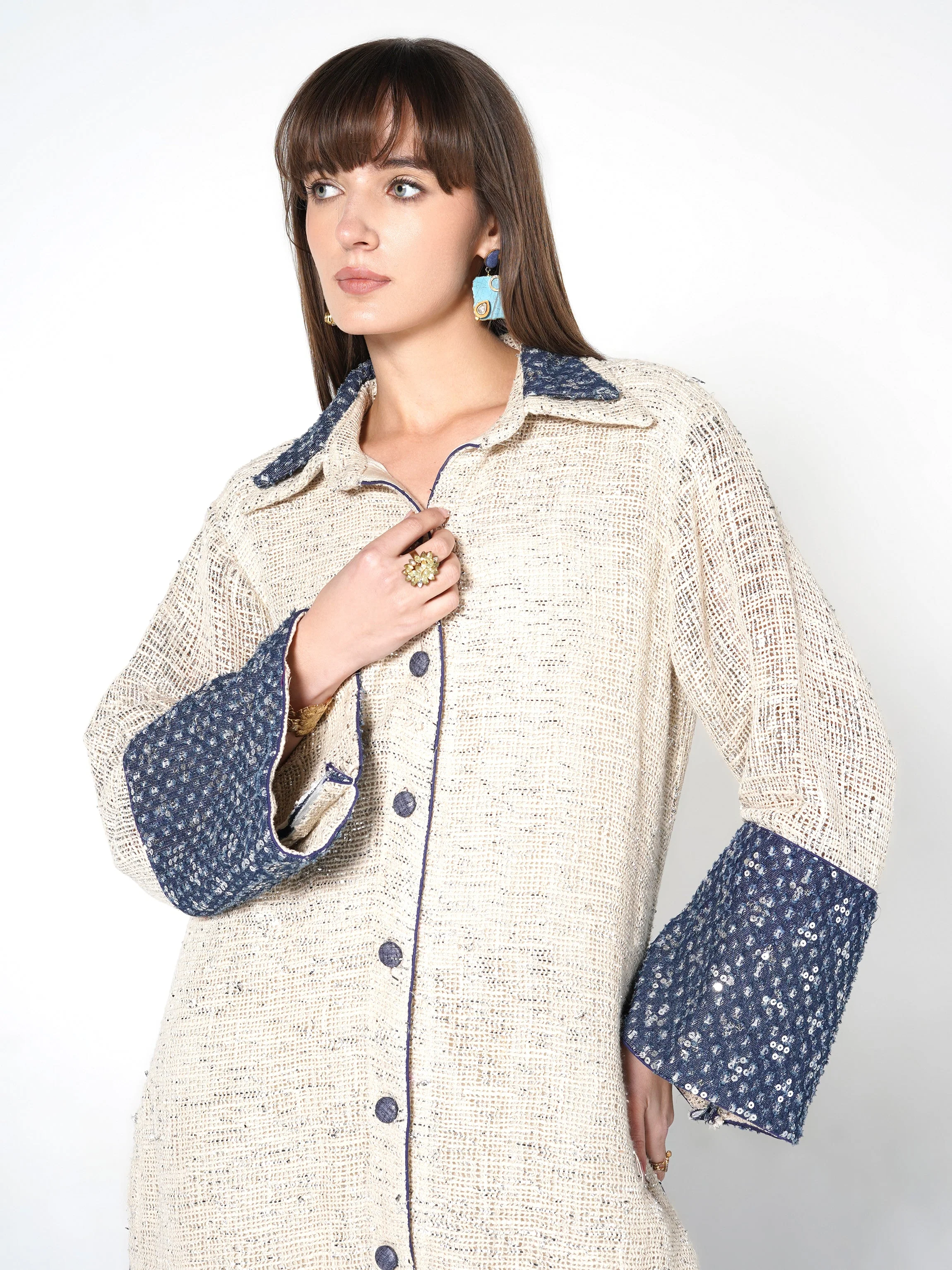 Cream & Blue Sequin-Embellished Jute Co-ord Set - Image 2