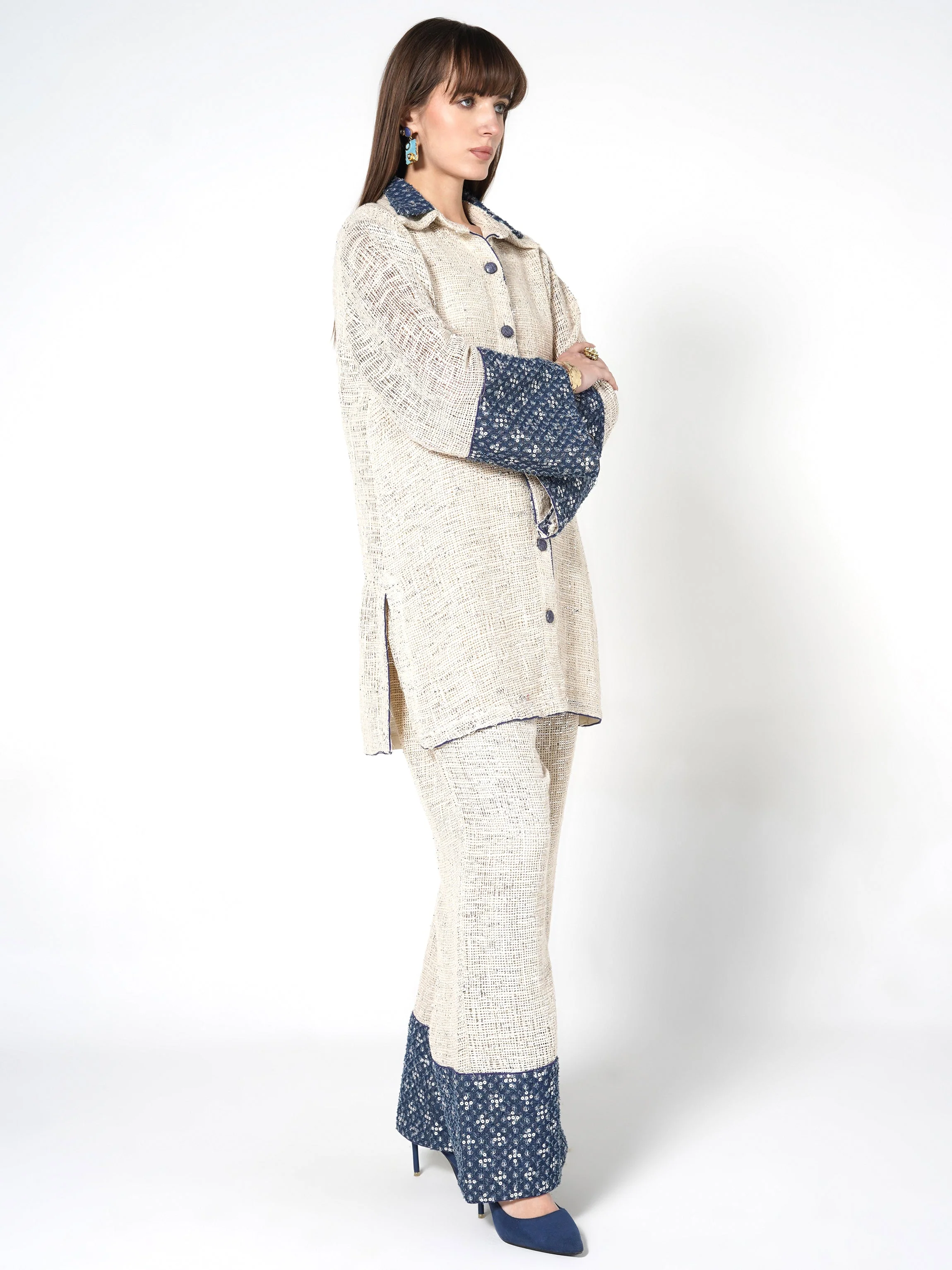 Cream & Blue Sequin-Embellished Jute Co-ord Set - Image 3