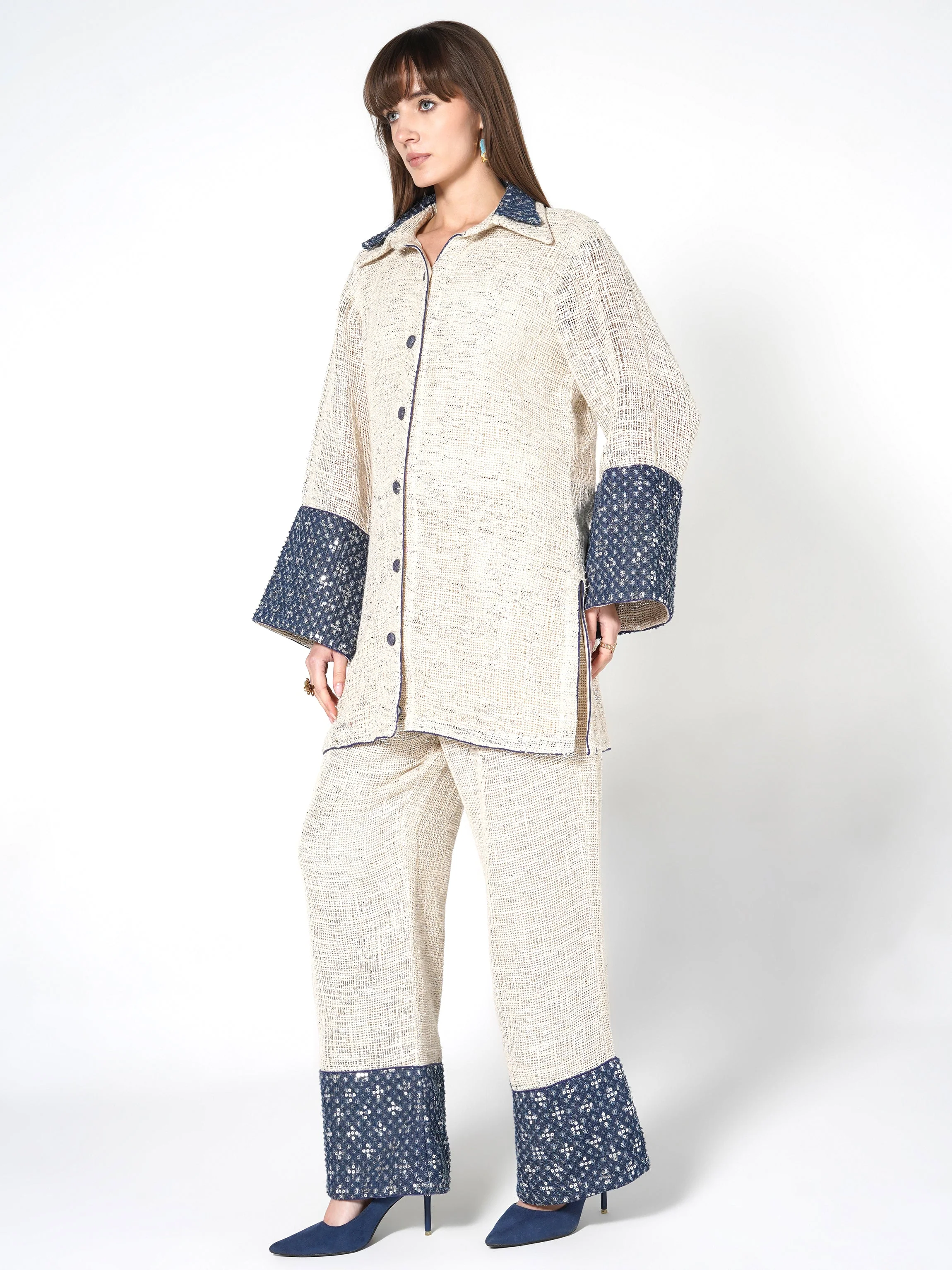 Cream & Blue Sequin-Embellished Jute Co-ord Set - Image 4