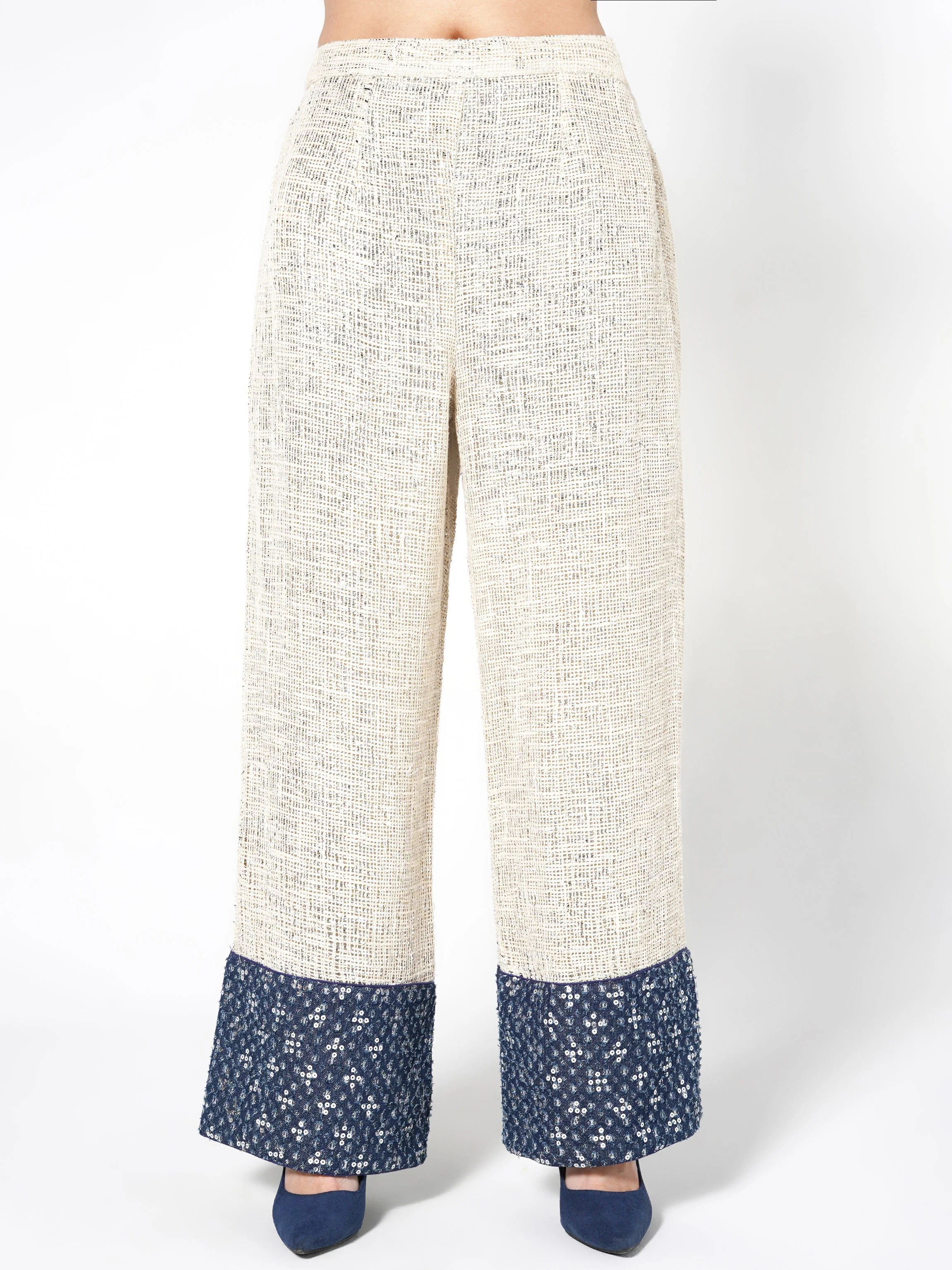 Cream & Blue Sequin-Embellished Jute Co-ord Set - Image 5