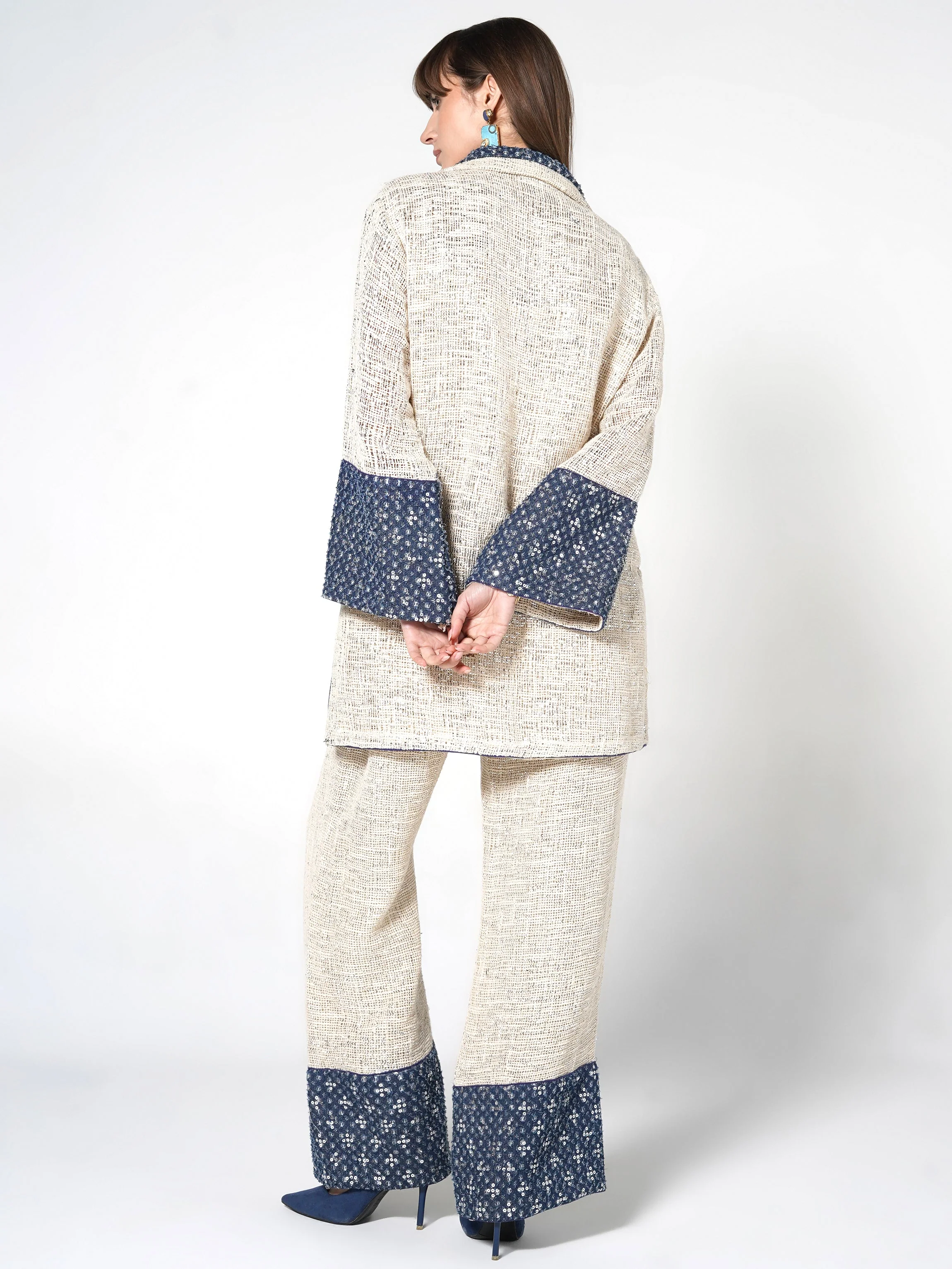 Cream & Blue Sequin-Embellished Jute Co-ord Set - Image 6