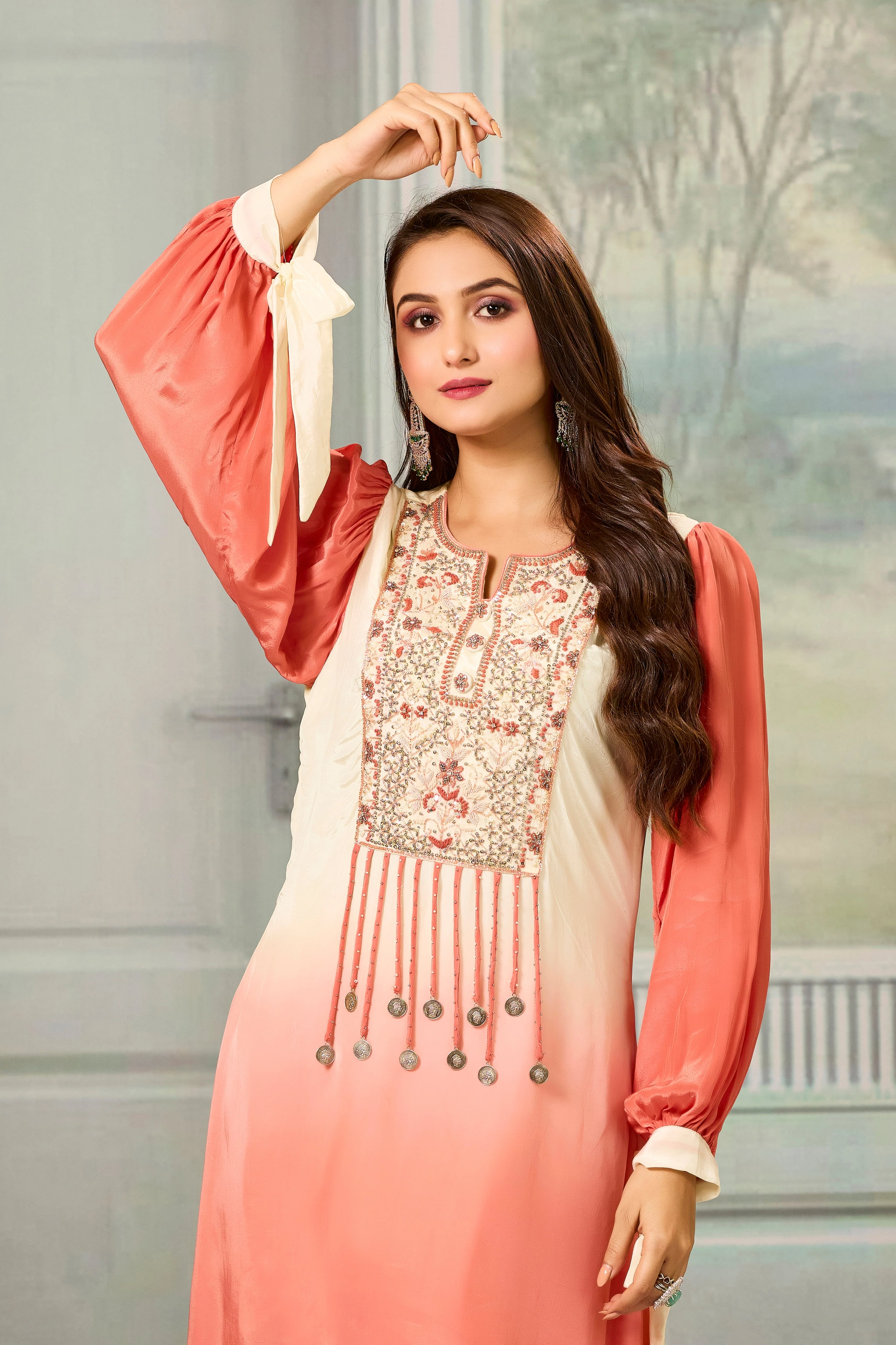 Cream Peach Ombre-Dyed Crepe Silk Pant Set - Image 2