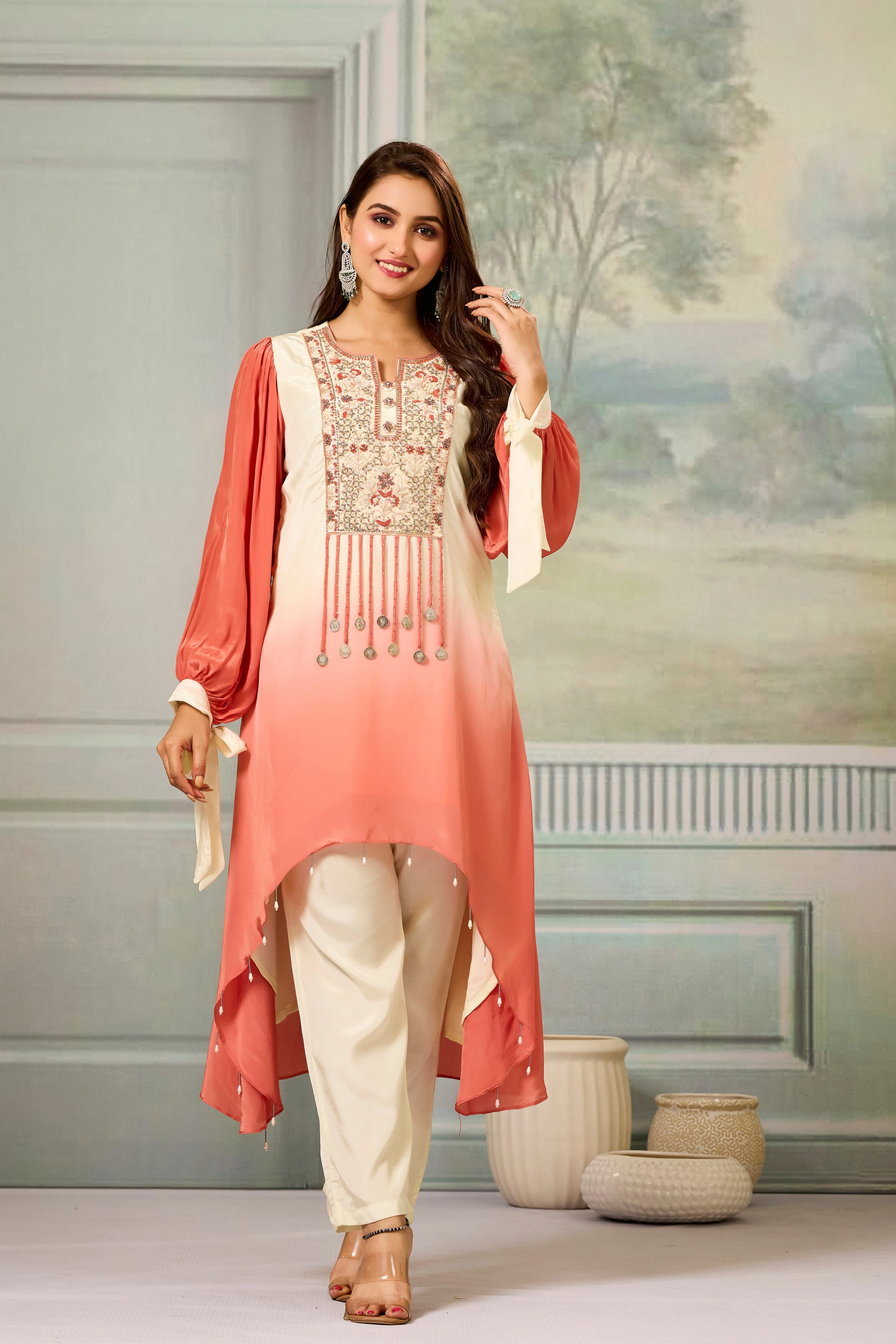 Cream Peach Ombre-Dyed Crepe Silk Pant Set - Image 3