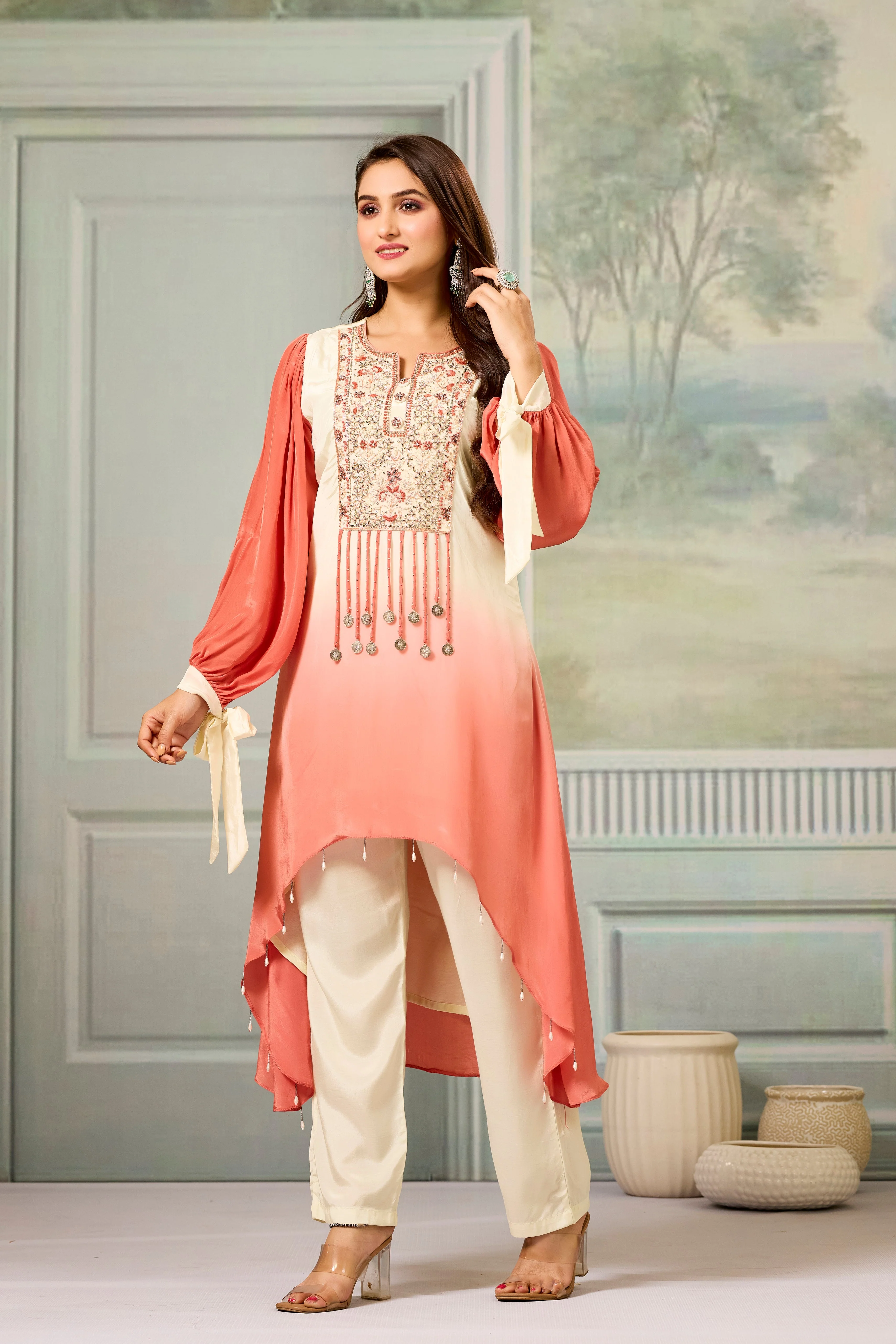 Cream Peach Ombre-Dyed Crepe Silk Pant Set - Image 4