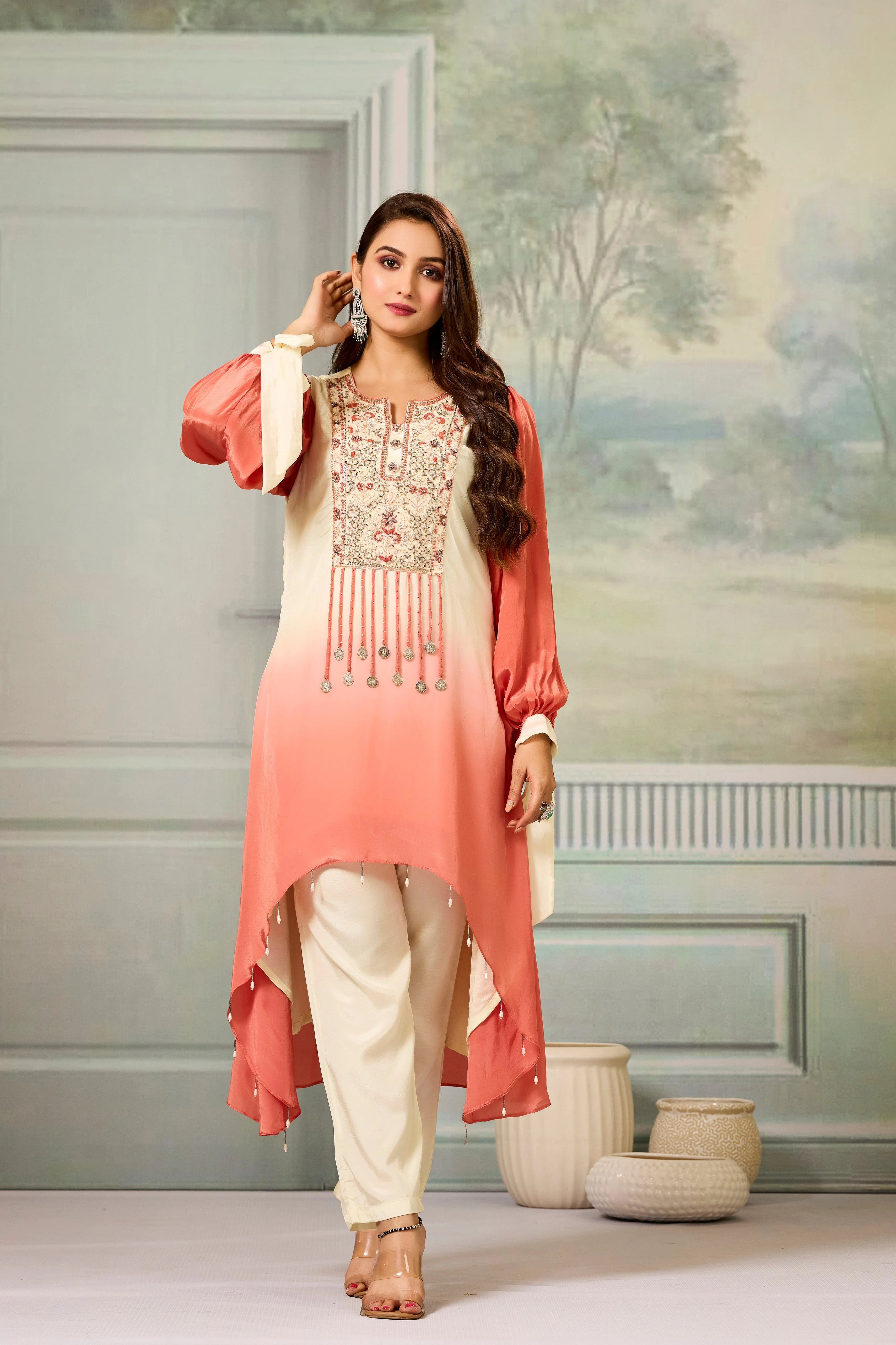 Cream Peach Ombre-Dyed Crepe Silk Pant Set - Image 5