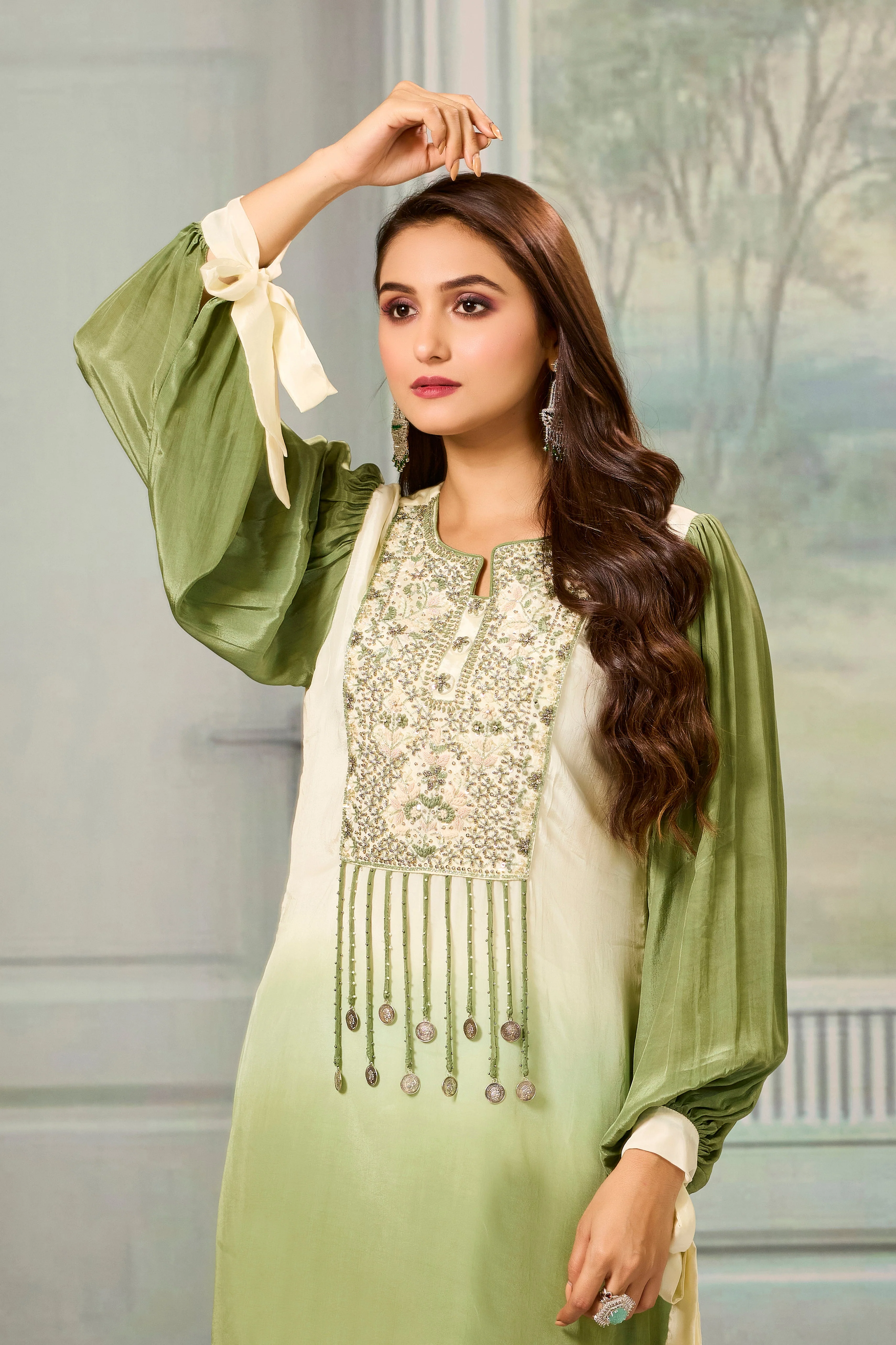 Cream Green Ombre-Dyed Crepe Silk Pant Set - Image 2