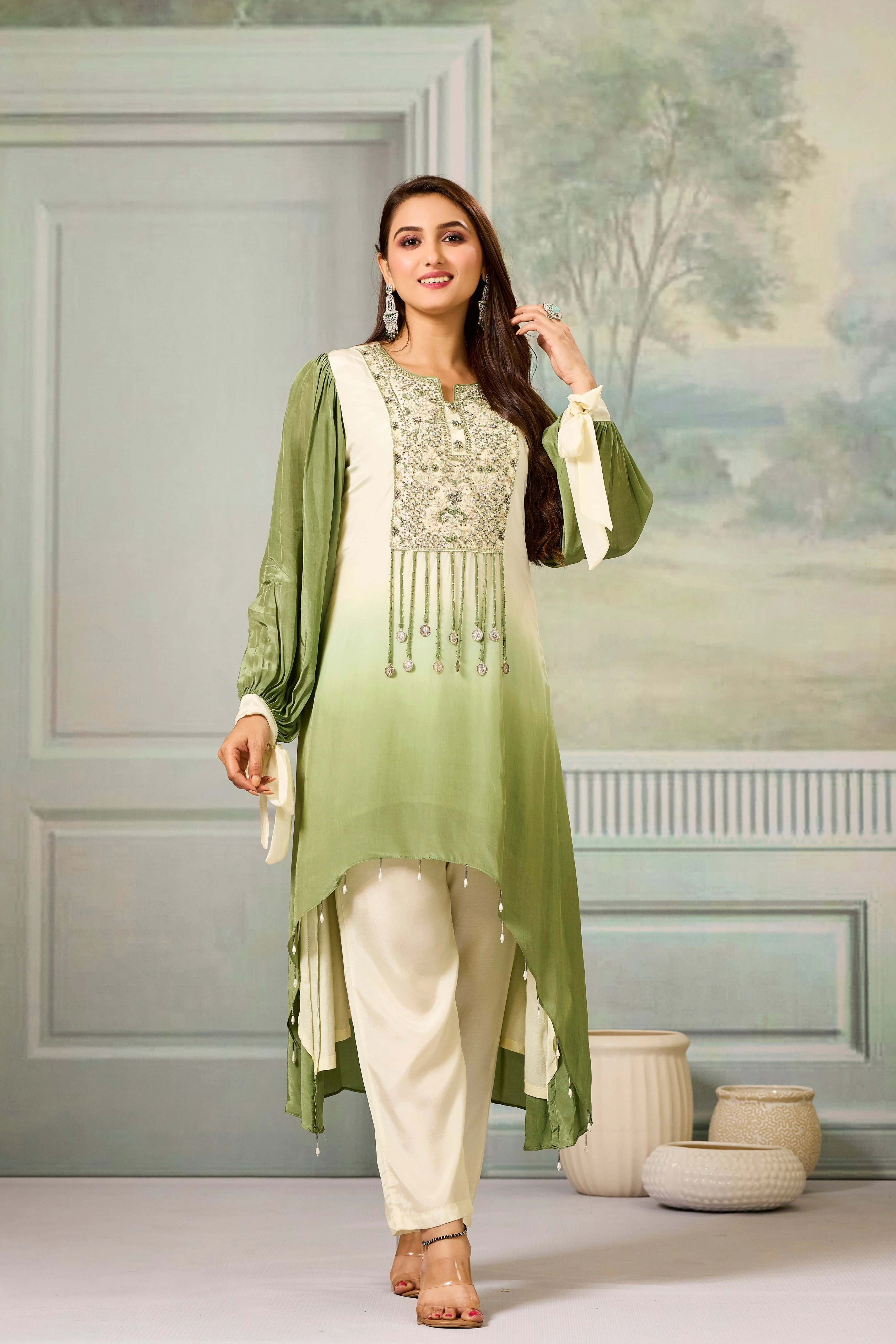 Cream Green Ombre-Dyed Crepe Silk Pant Set - Image 3