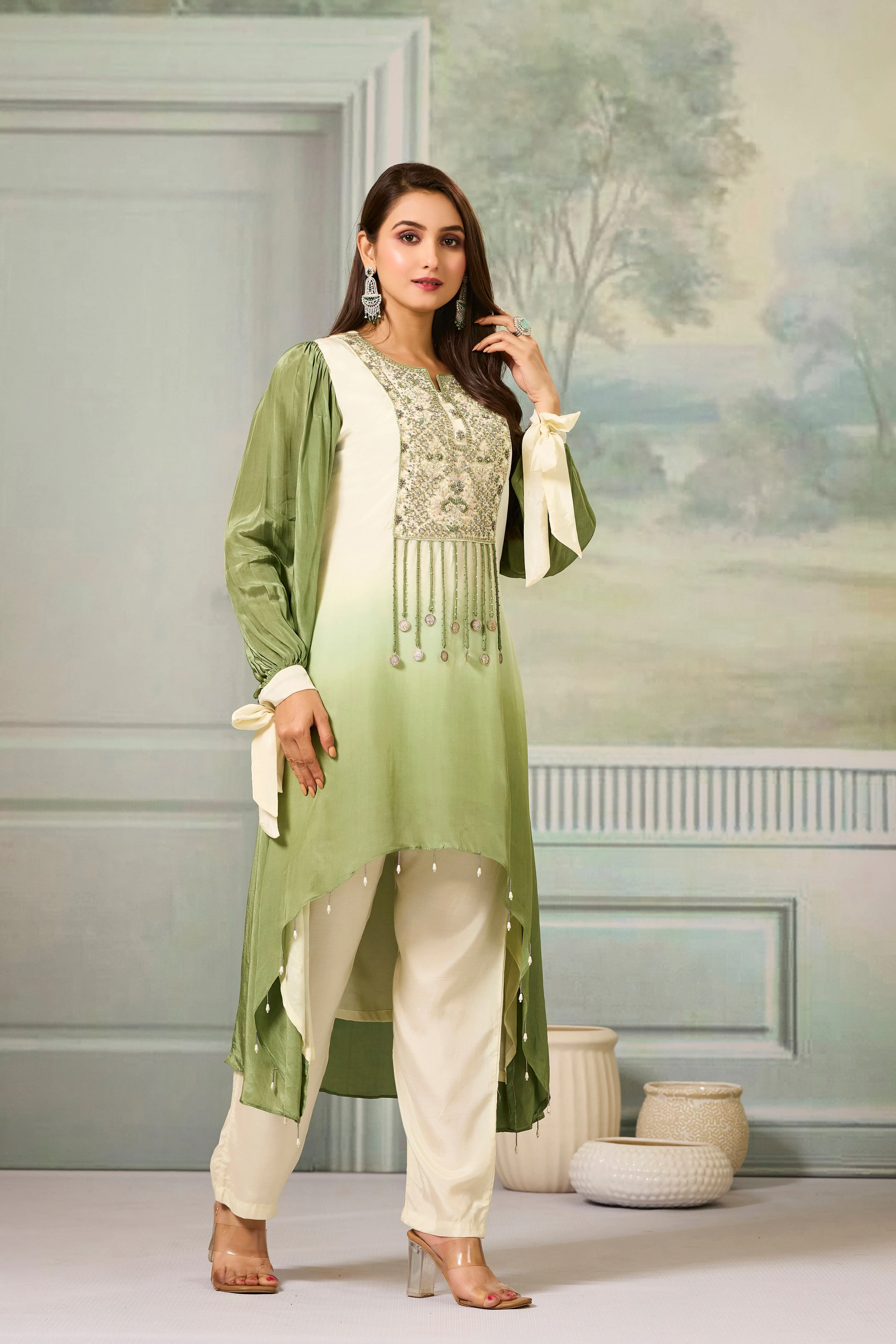 Cream Green Ombre-Dyed Crepe Silk Pant Set - Image 4