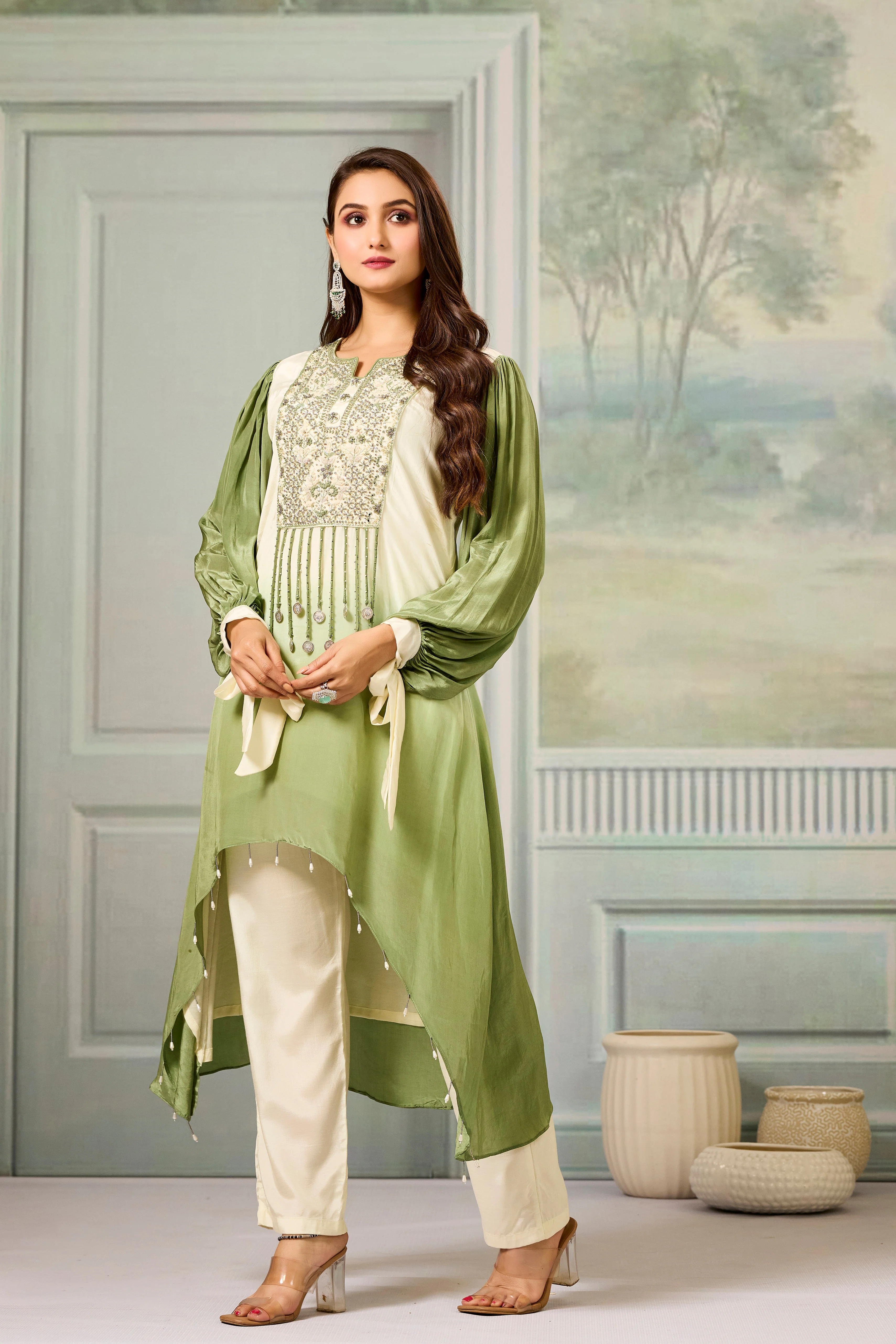 Cream Green Ombre-Dyed Crepe Silk Pant Set - Image 5