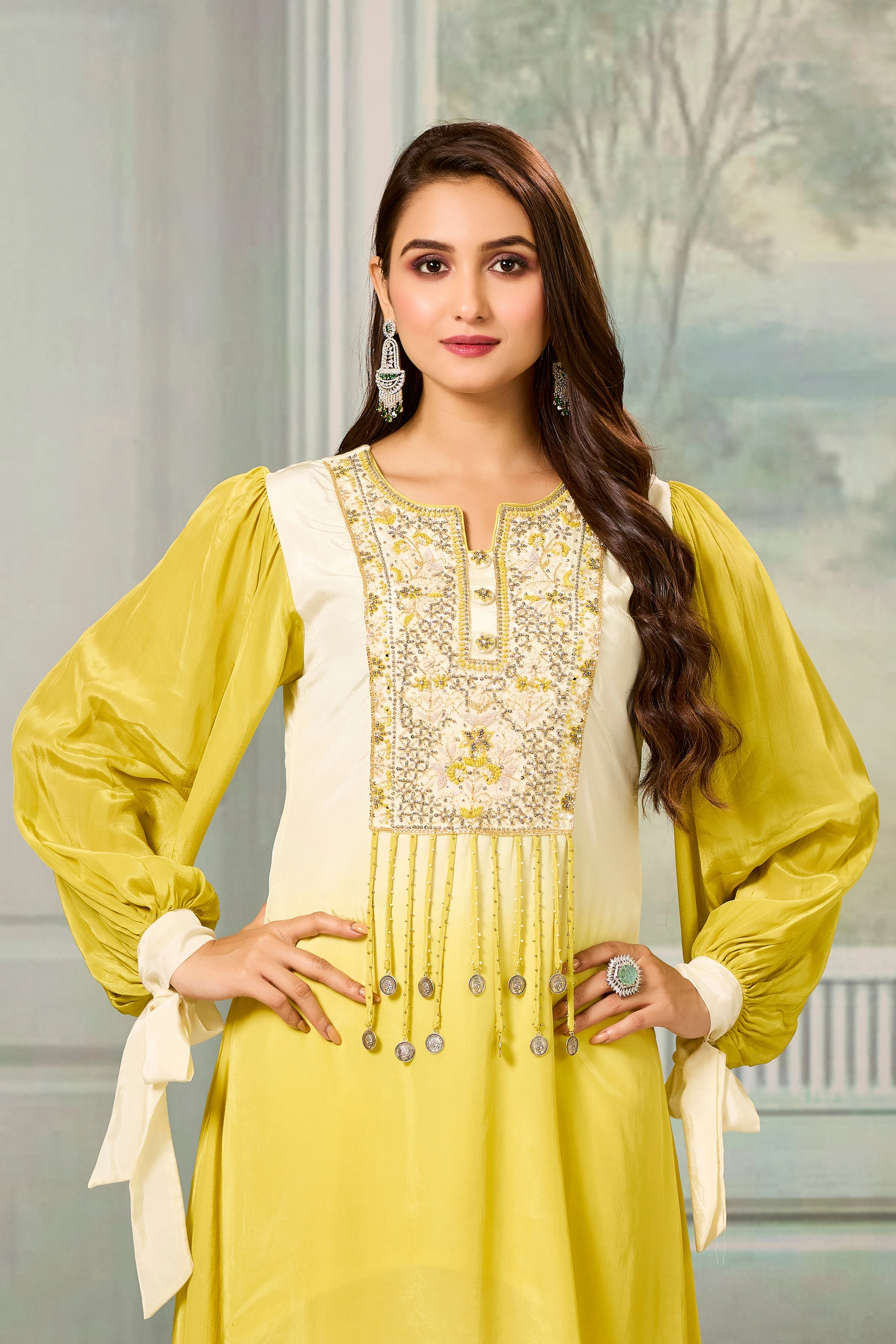 Cream Yellow Ombre-Dyed Crepe Silk Pant Set - Image 2
