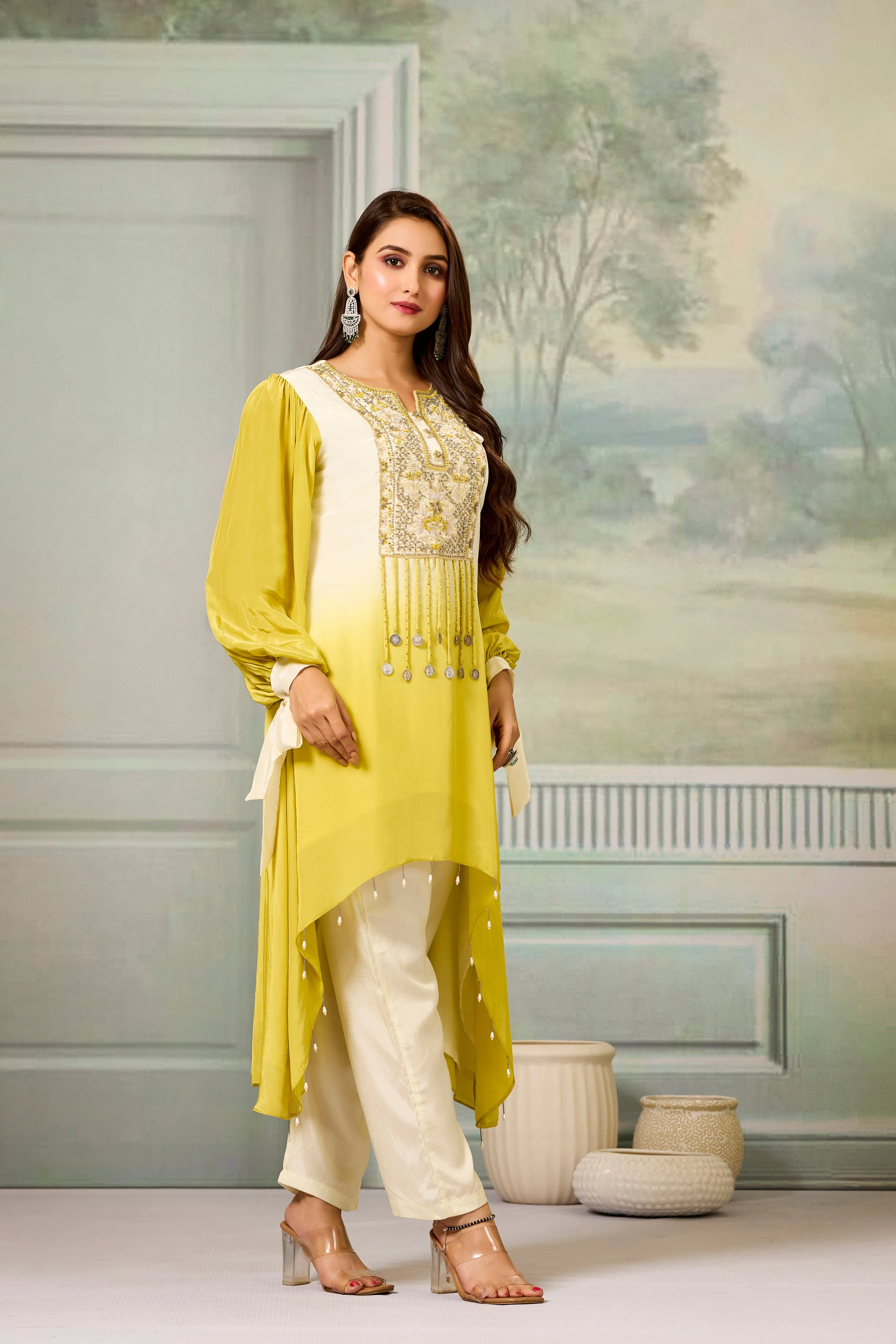 Cream Yellow Ombre-Dyed Crepe Silk Pant Set - Image 3