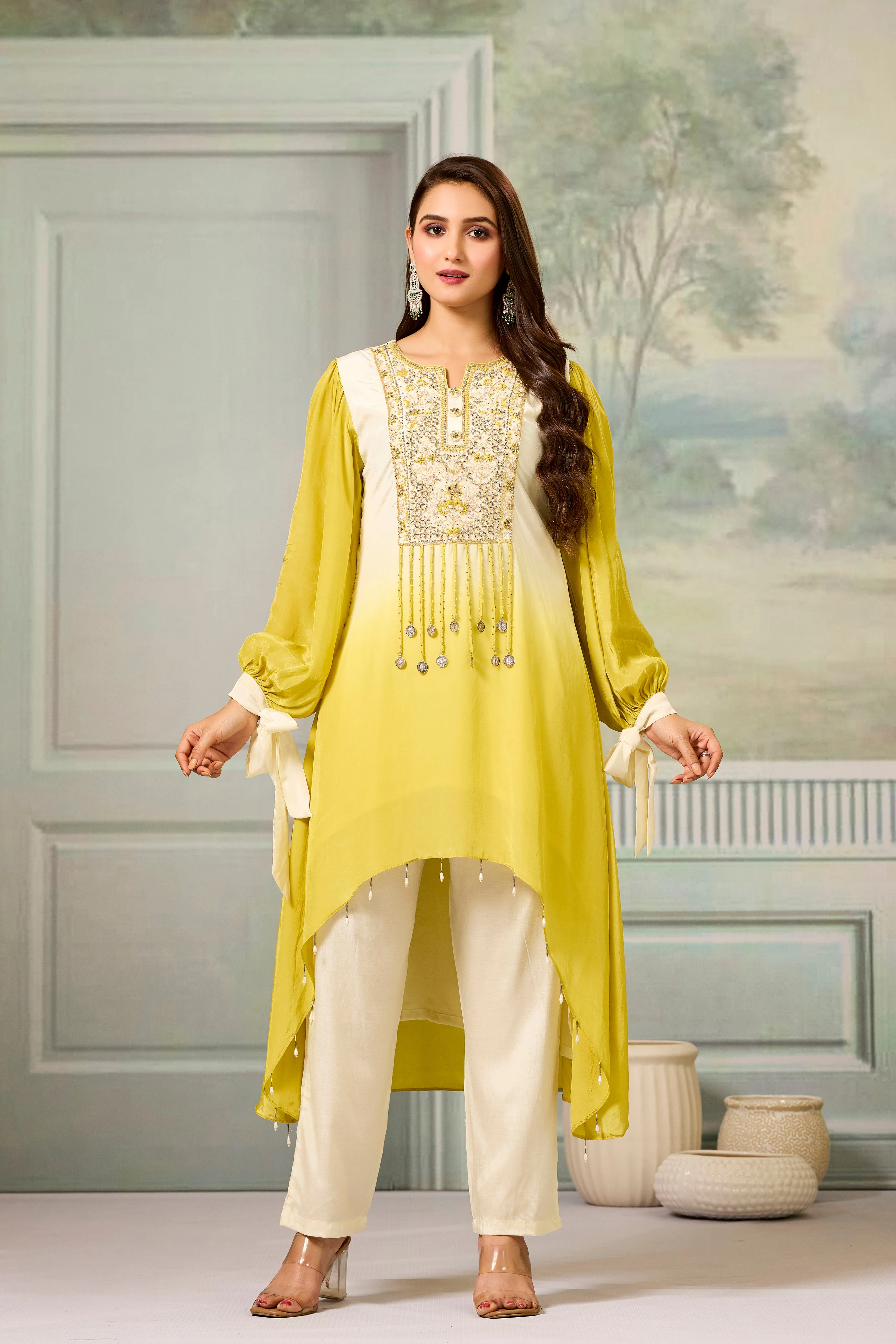 Cream Yellow Ombre-Dyed Crepe Silk Pant Set - Image 4