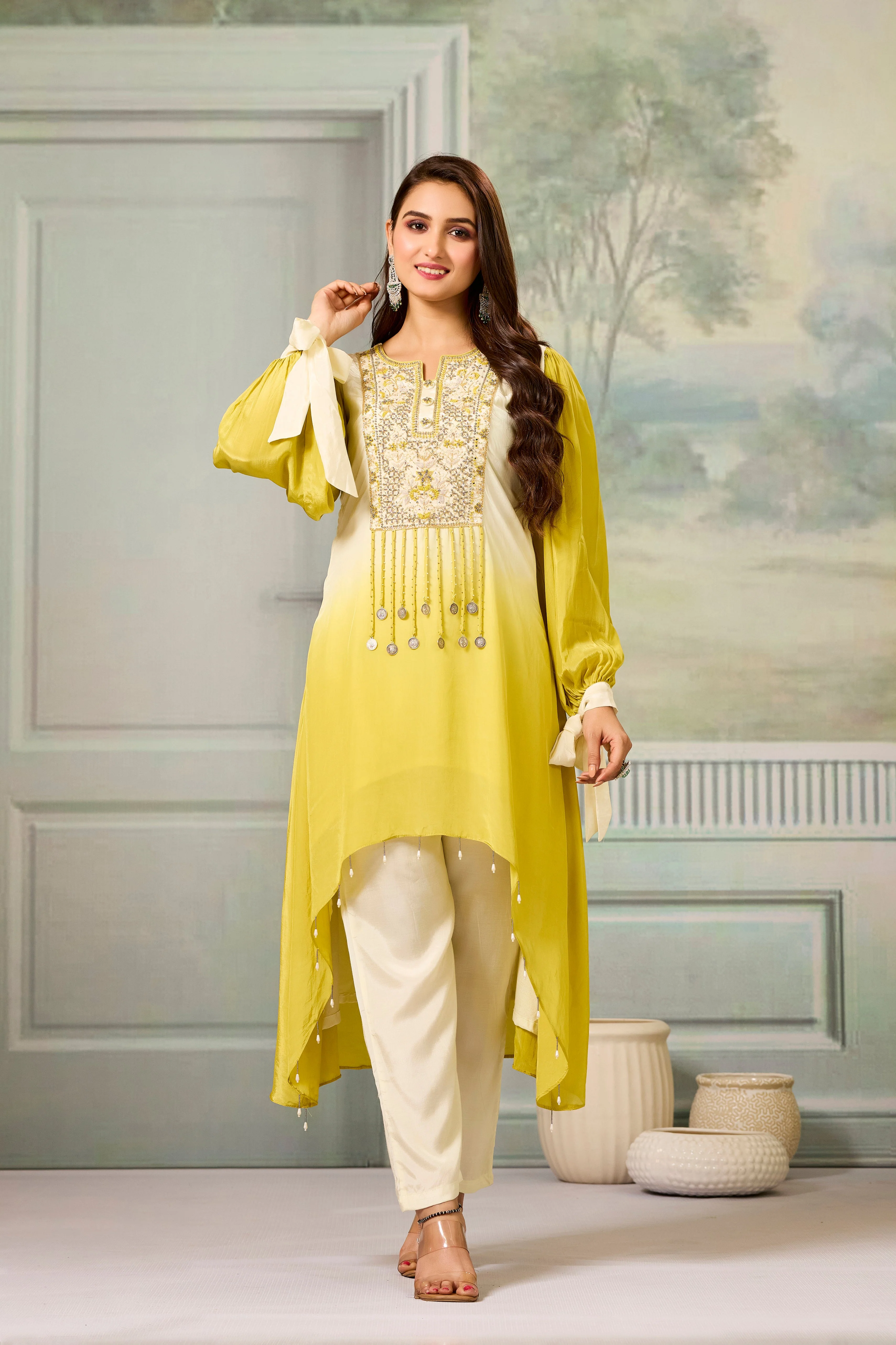 Cream Yellow Ombre-Dyed Crepe Silk Pant Set - Image 5