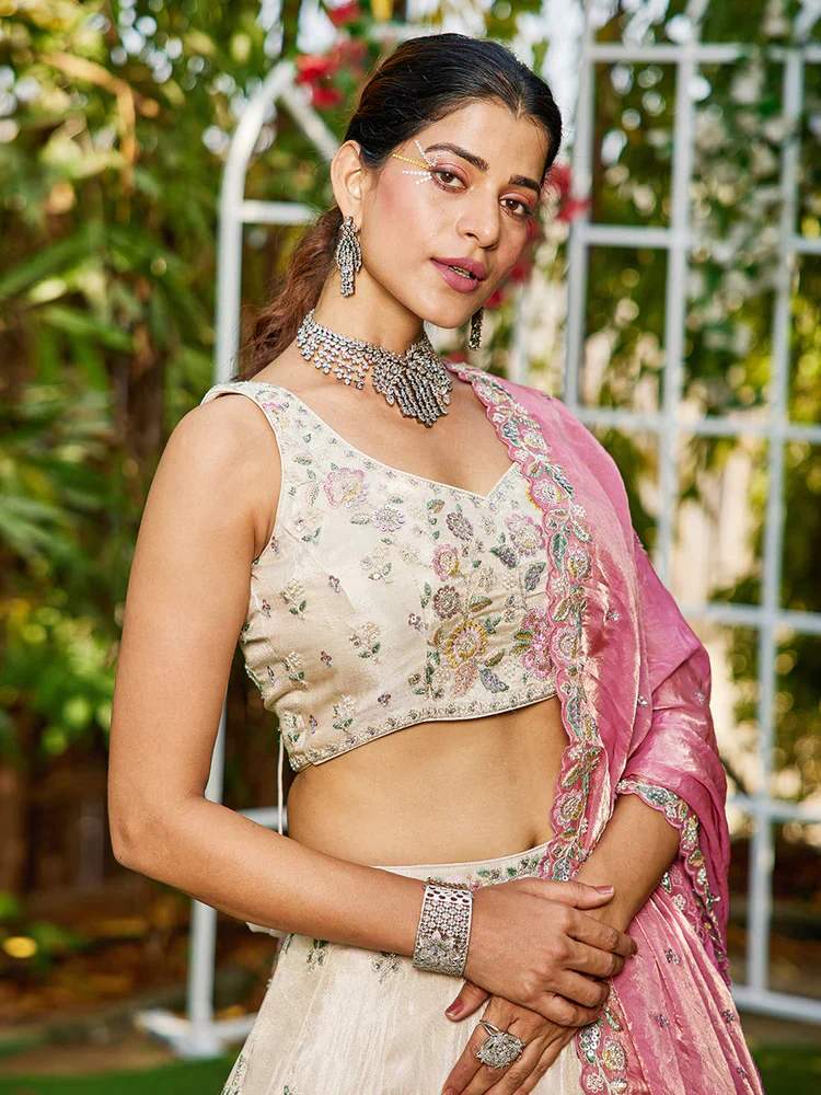 Cream & Pink Embellished Shimmer Tissue Silk Lehenga Set - Image 2