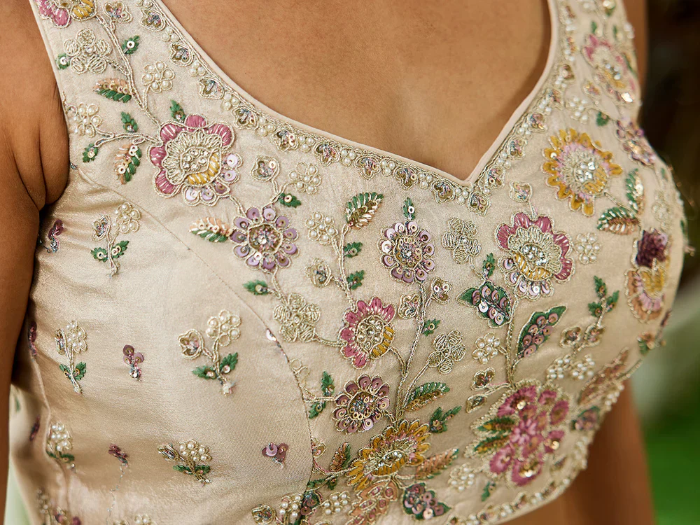 Cream & Pink Embellished Shimmer Tissue Silk Lehenga Set - Image 3