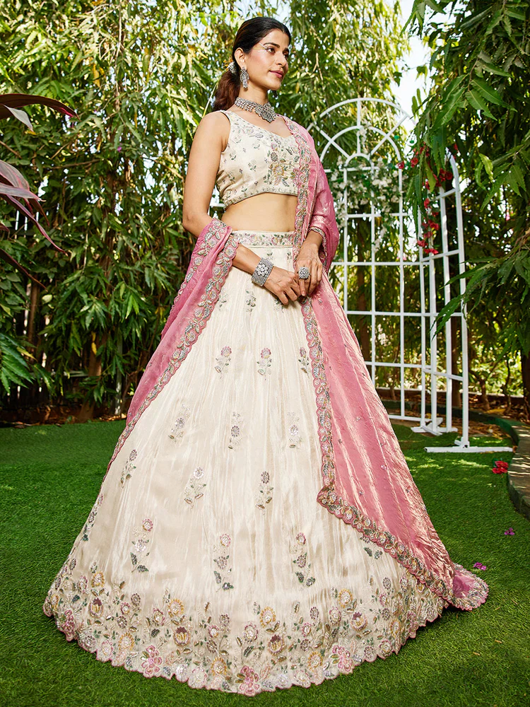 Cream & Pink Embellished Shimmer Tissue Silk Lehenga Set - Image 6