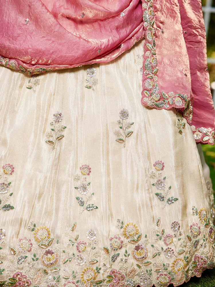 Cream & Pink Embellished Shimmer Tissue Silk Lehenga Set - Image 7