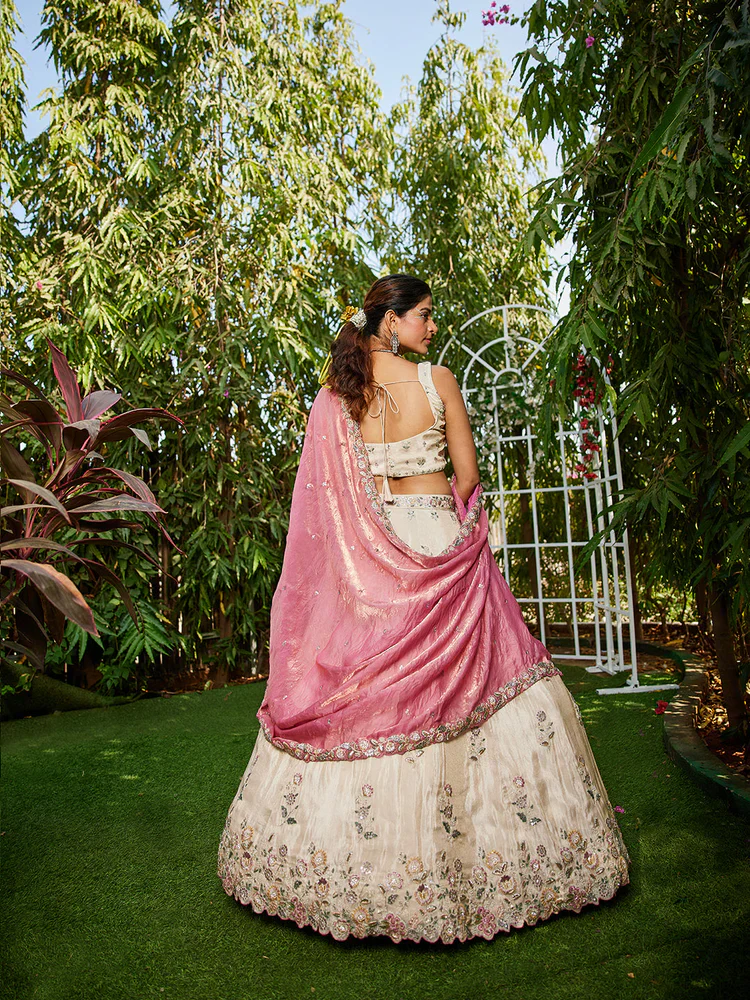 Cream & Pink Embellished Shimmer Tissue Silk Lehenga Set - Image 8