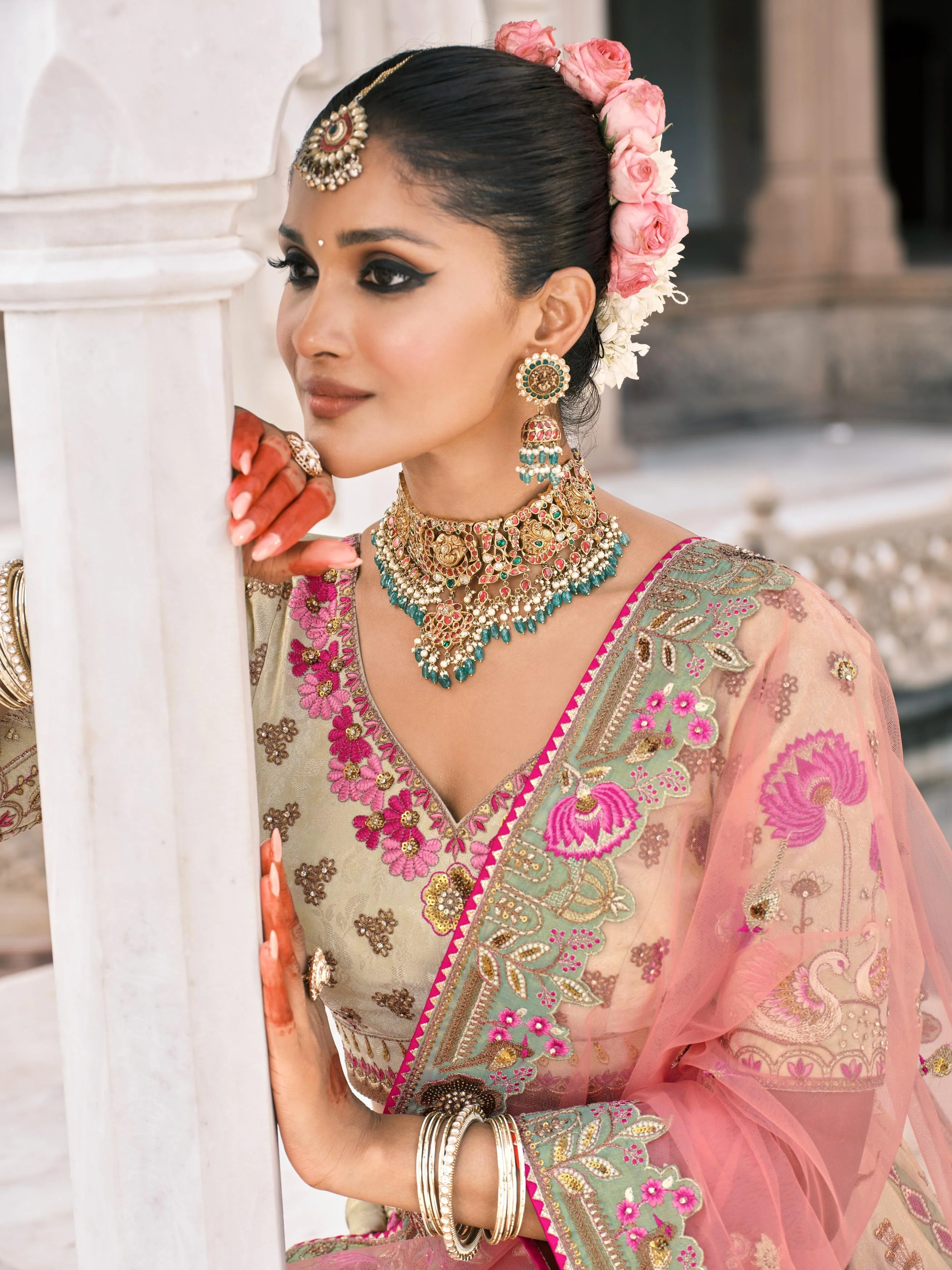 Cream Pink Multicolor Embellished Shimmer Tissue Silk Lehenga Set - Image 2
