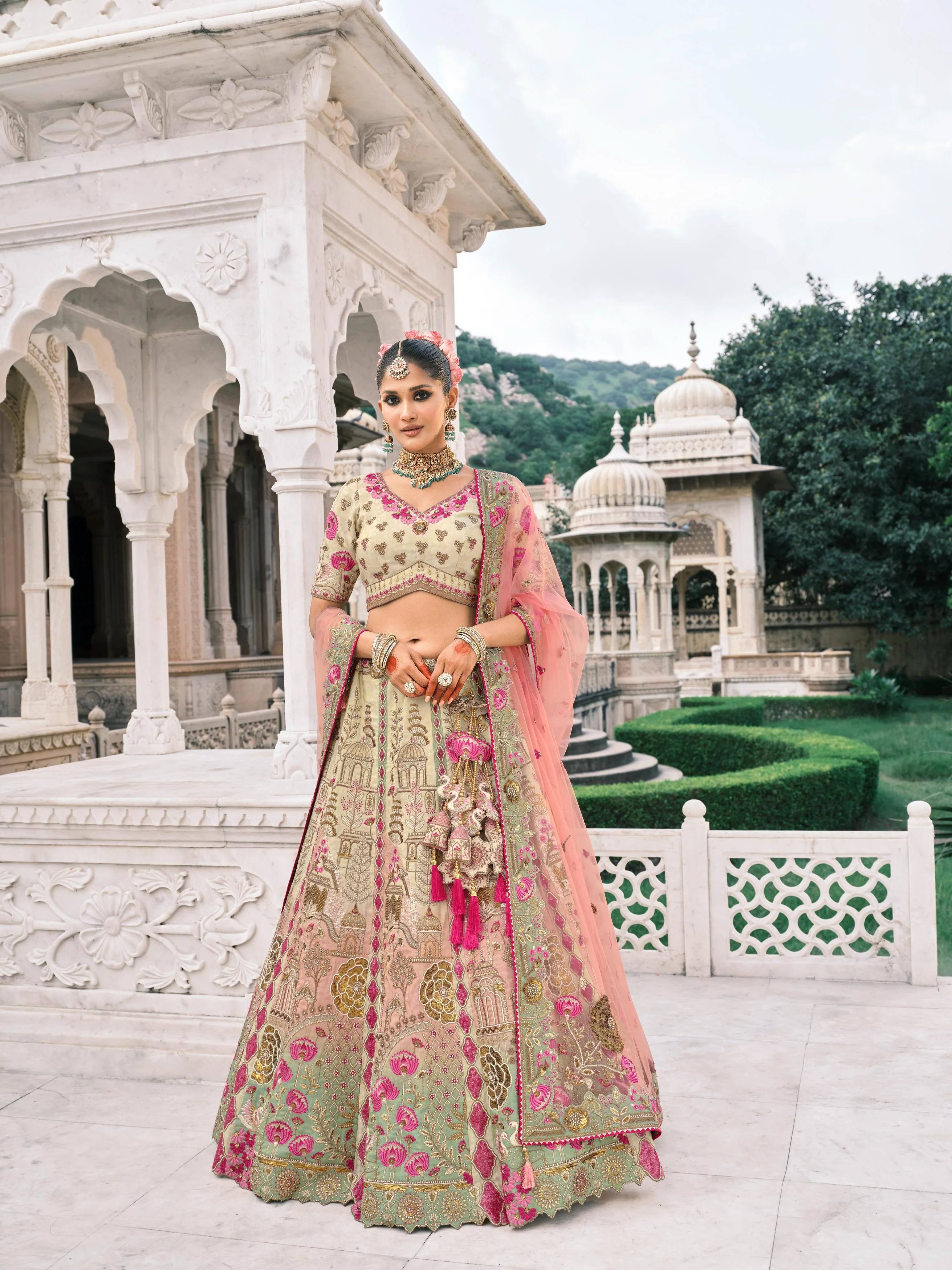 Cream Pink Multicolor Embellished Shimmer Tissue Silk Lehenga Set - Image 3