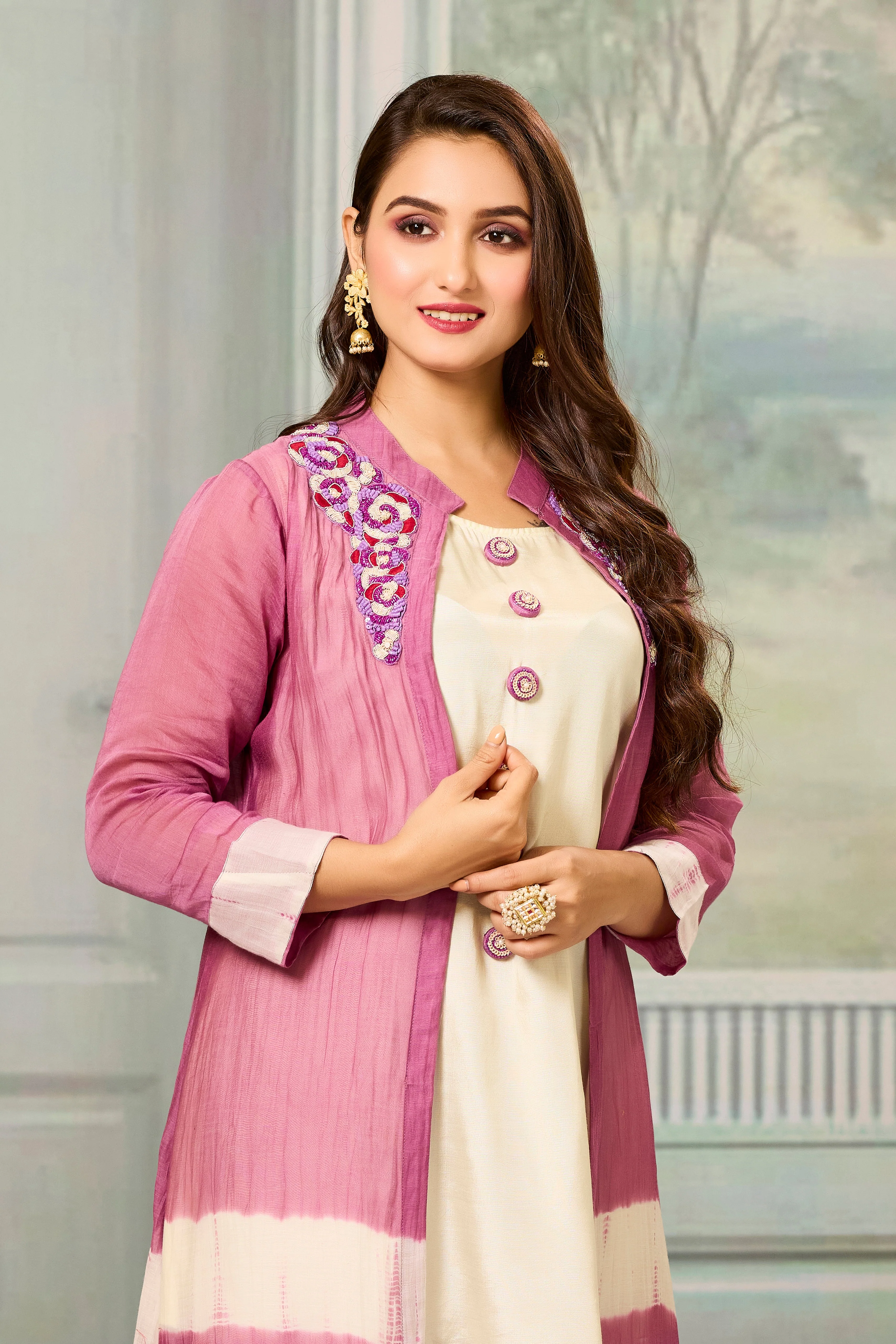Cream Pink Mul-Chanderi Silk Kurta Pants Set - Image 2
