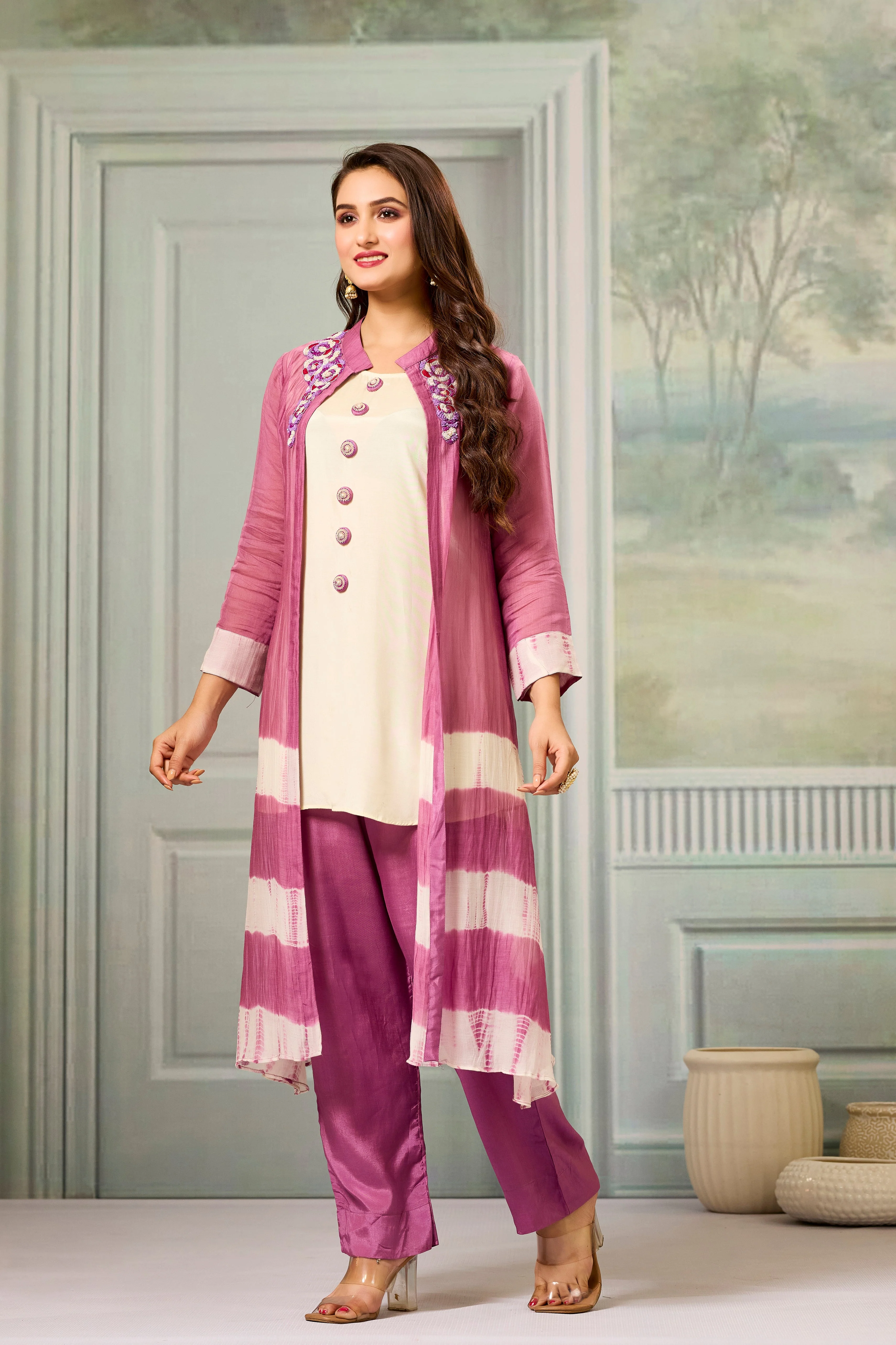 Cream Pink Mul-Chanderi Silk Kurta Pants Set - Image 4