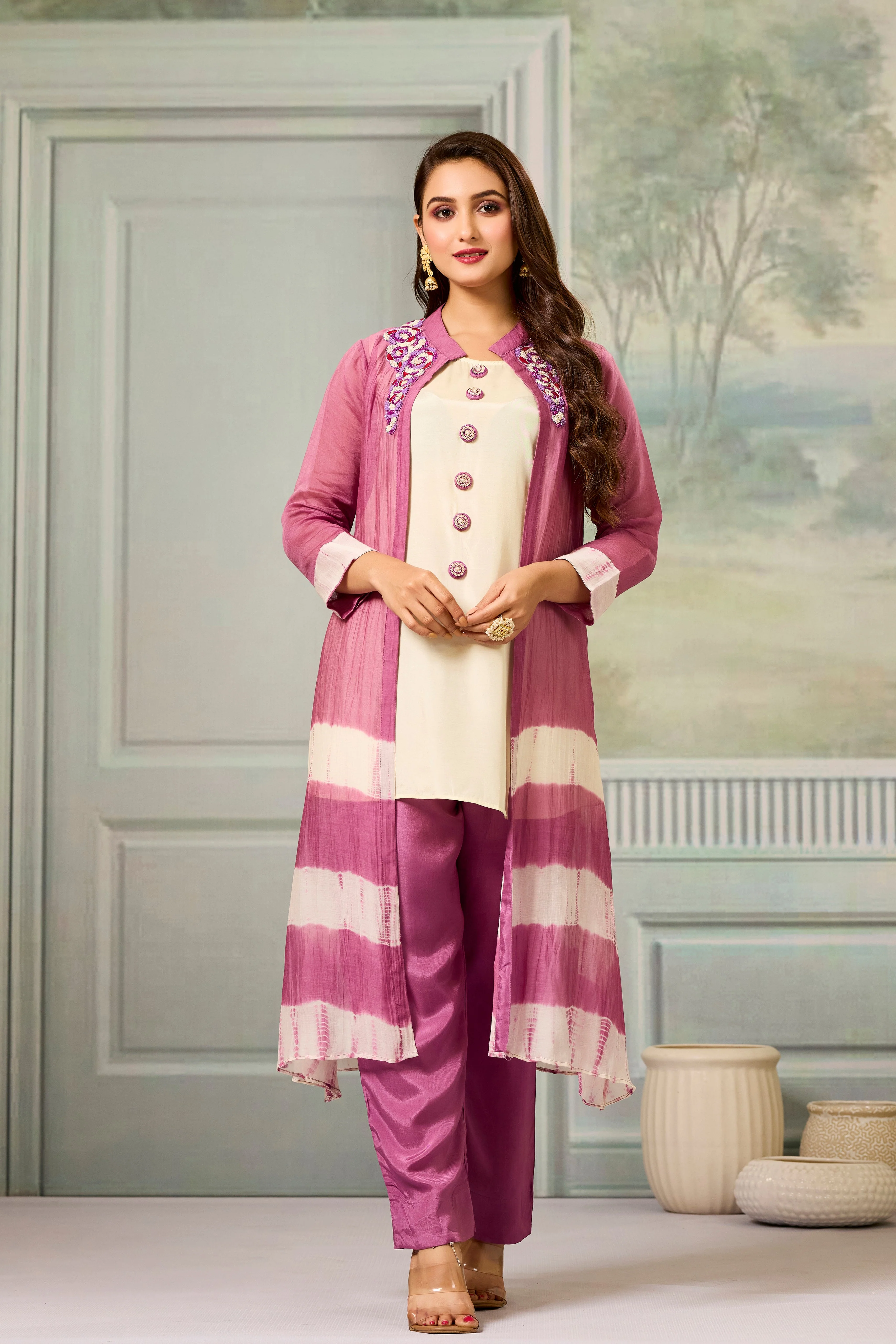 Cream Pink Mul-Chanderi Silk Kurta Pants Set - Image 5
