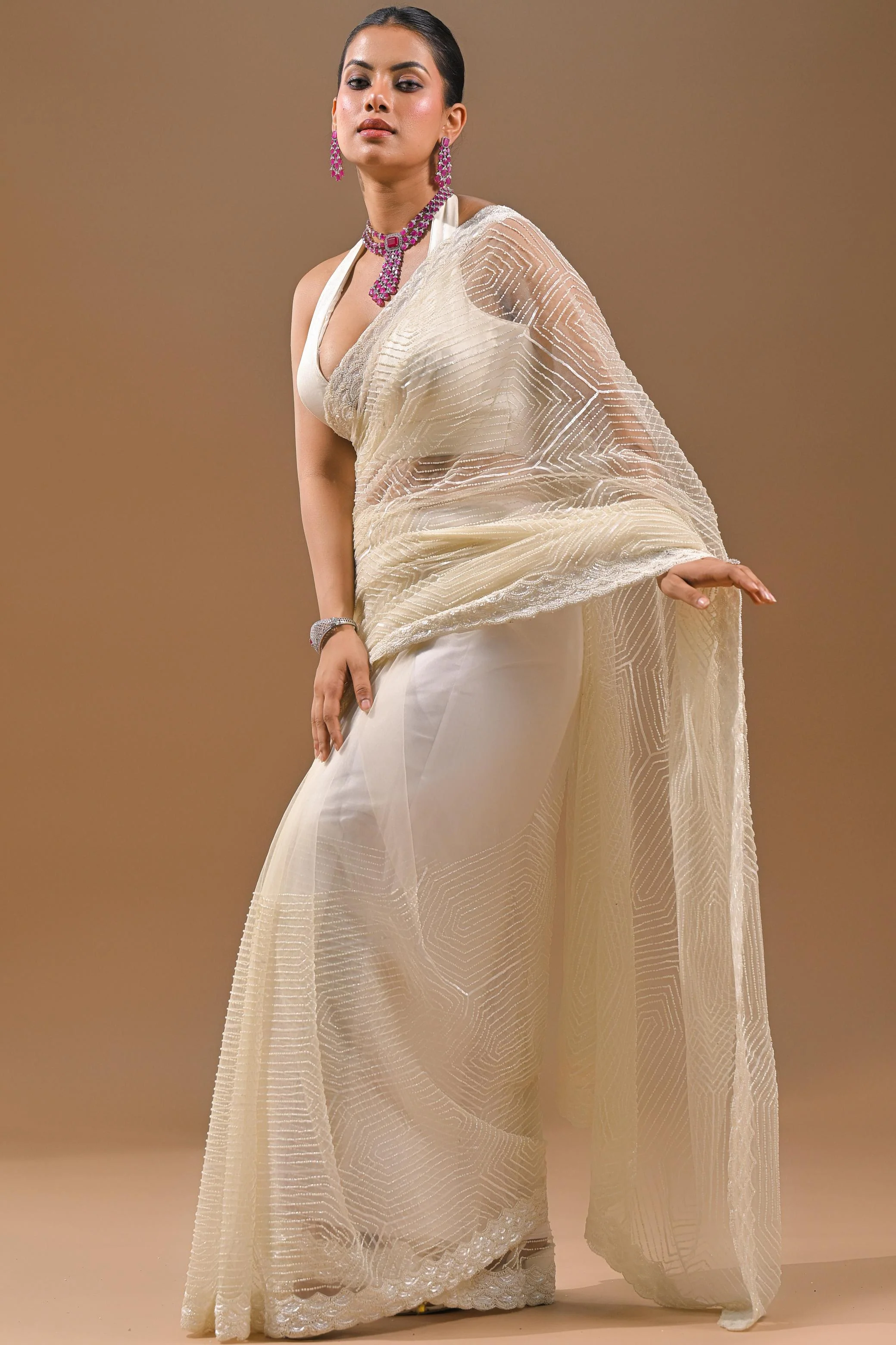 Cream Sequins Embellished Net Saree - Image 3