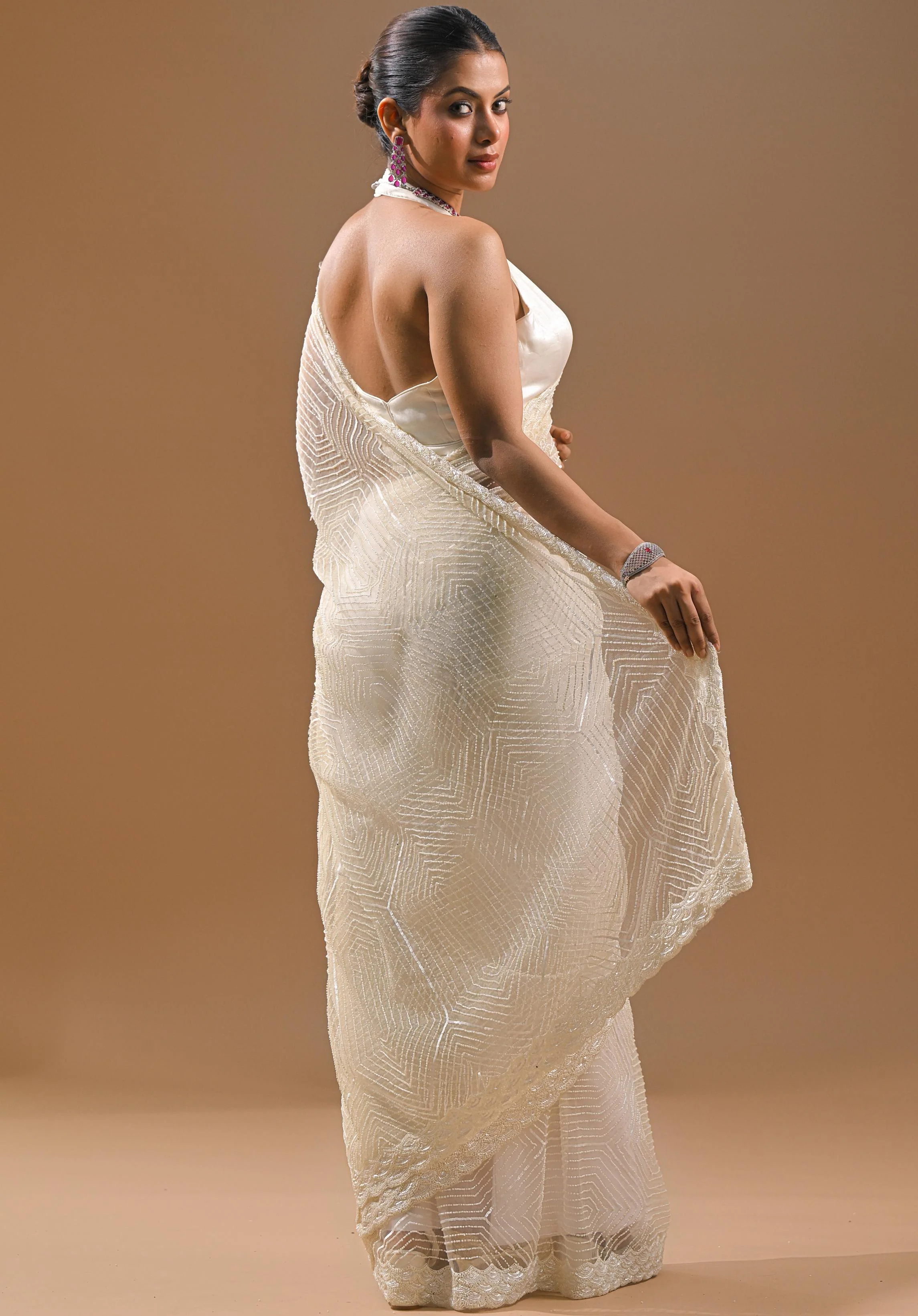 Cream Sequins Embellished Net Saree - Image 4