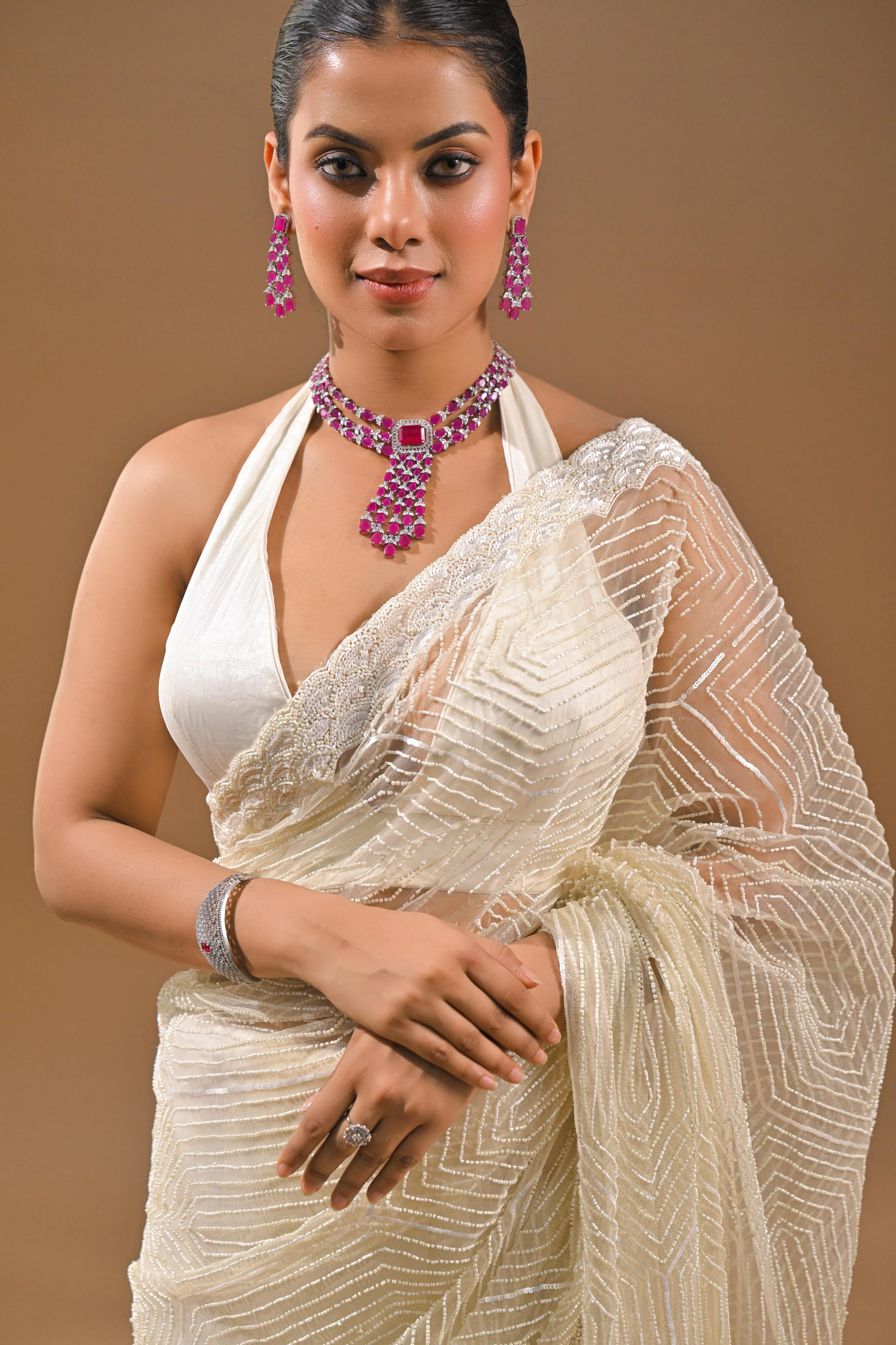 Cream Sequins Embellished Net Saree - Image 6