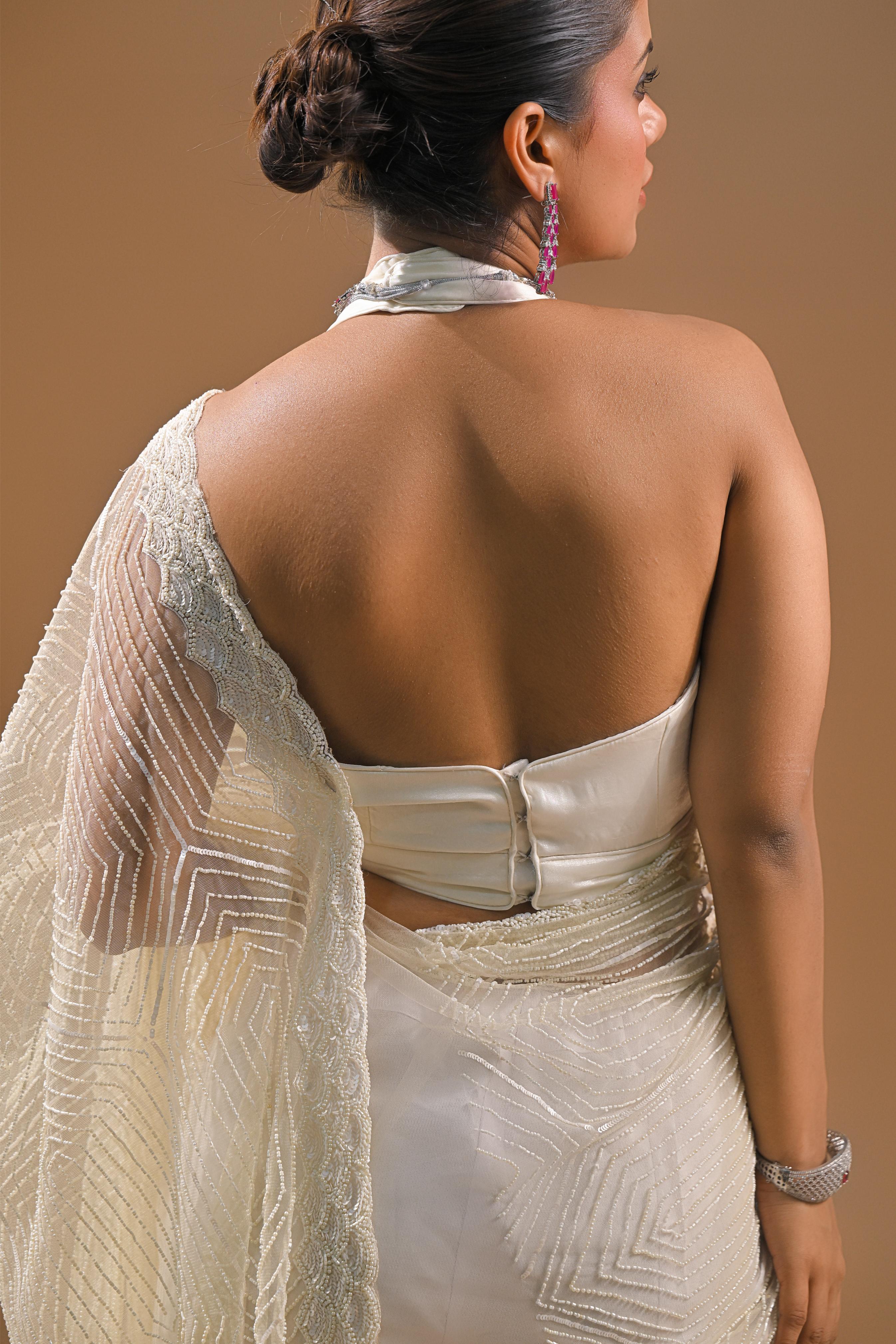 Cream Sequins Embellished Net Saree - Image 8