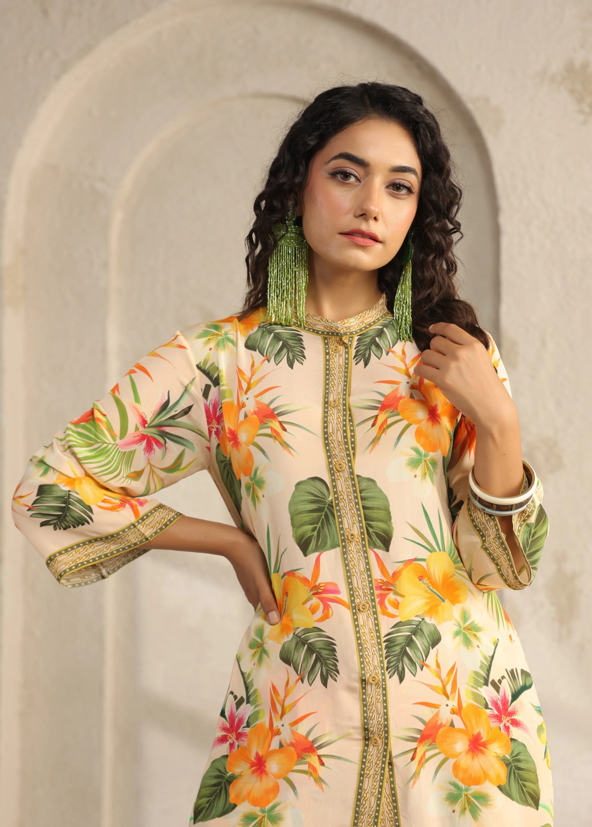Cream Tropical Printed Viscose Crepe Co-Ord Set - Image 2