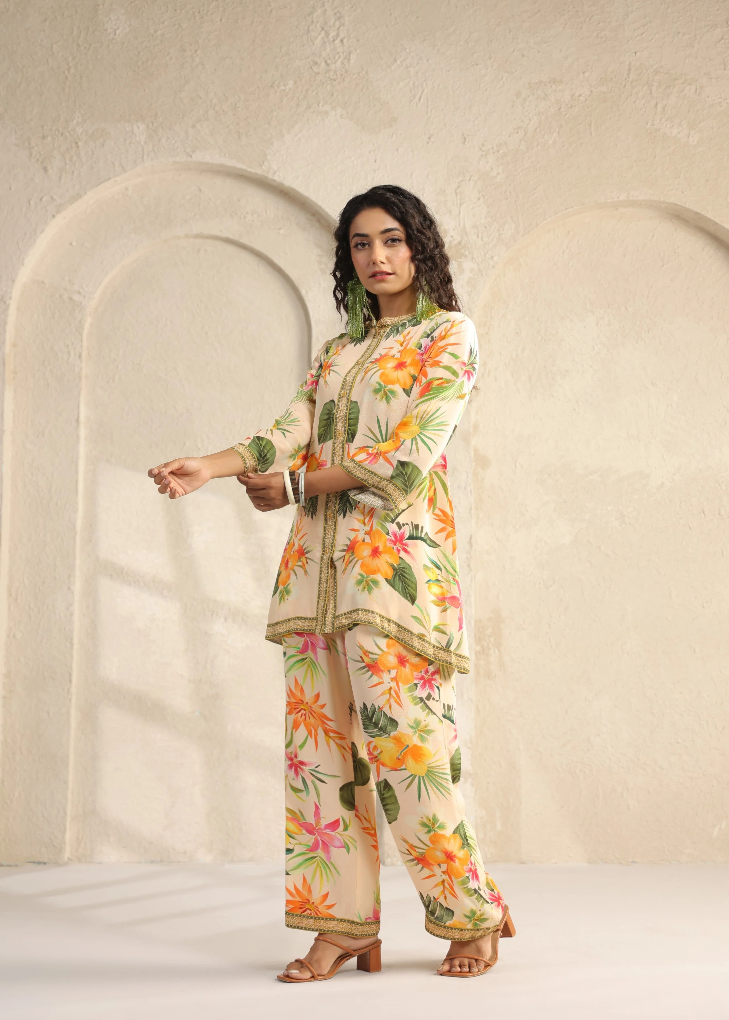 Cream Tropical Printed Viscose Crepe Co-Ord Set - Image 3