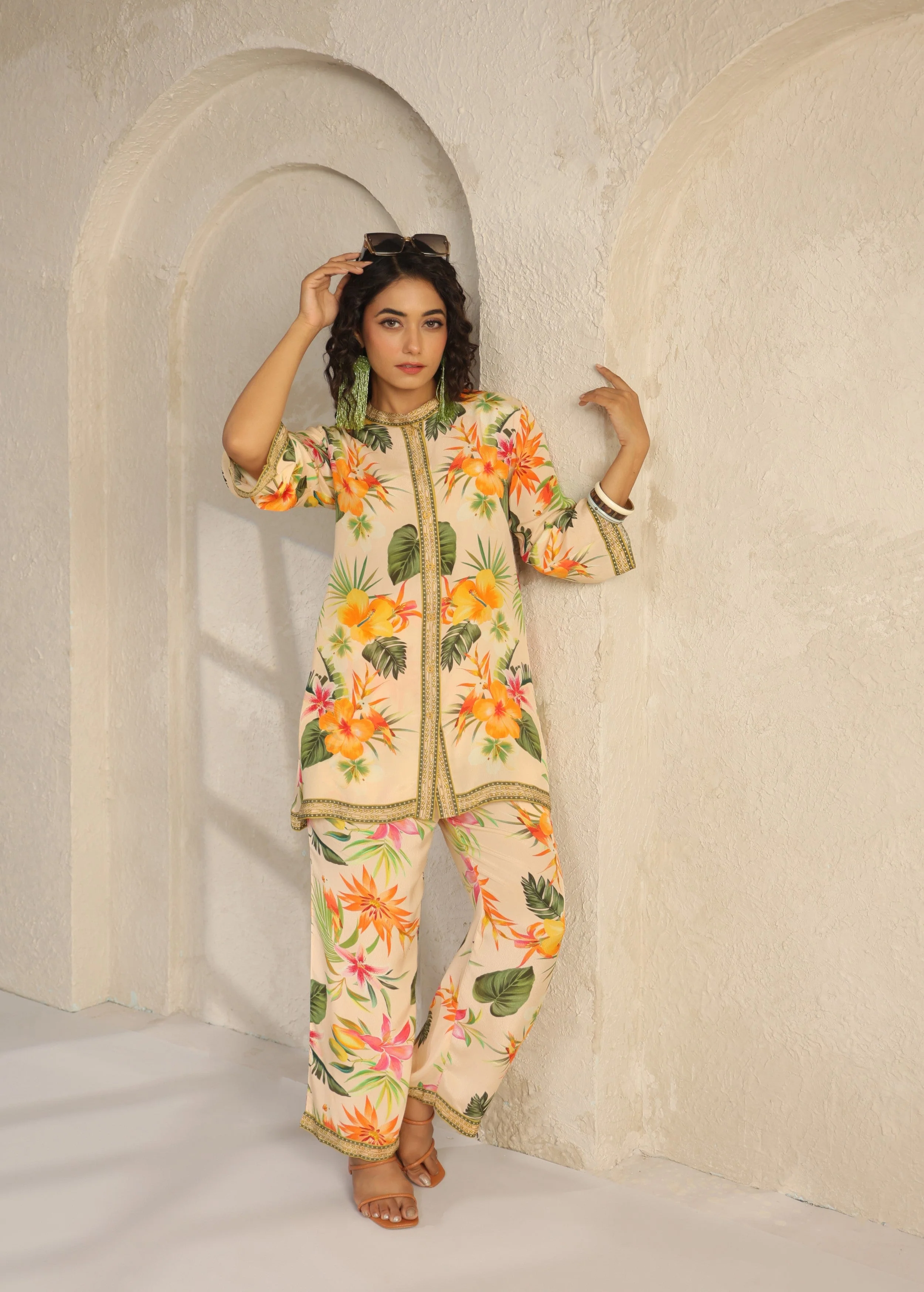 Cream Tropical Printed Viscose Crepe Co-Ord Set - Image 4