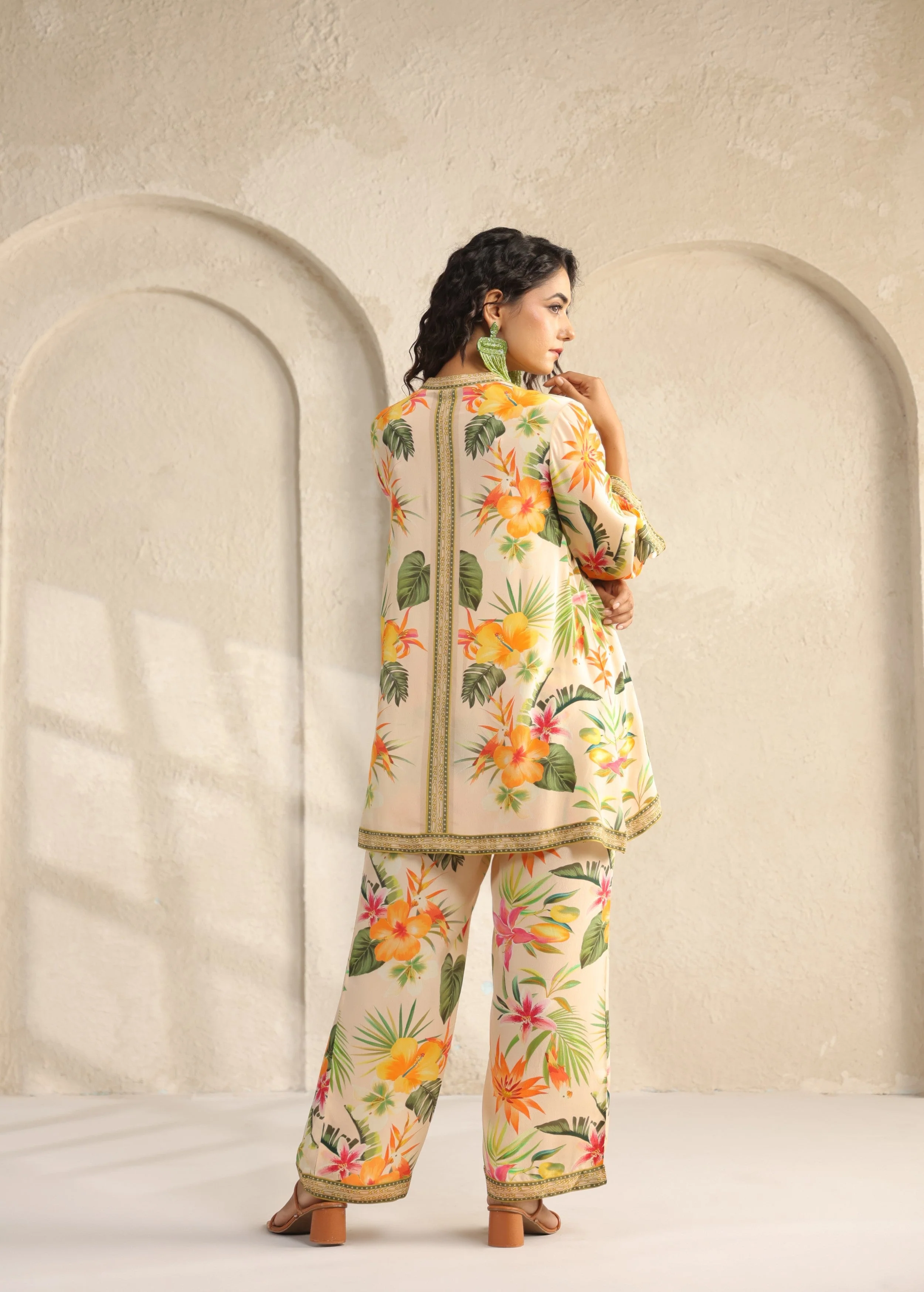 Cream Tropical Printed Viscose Crepe Co-Ord Set - Image 5