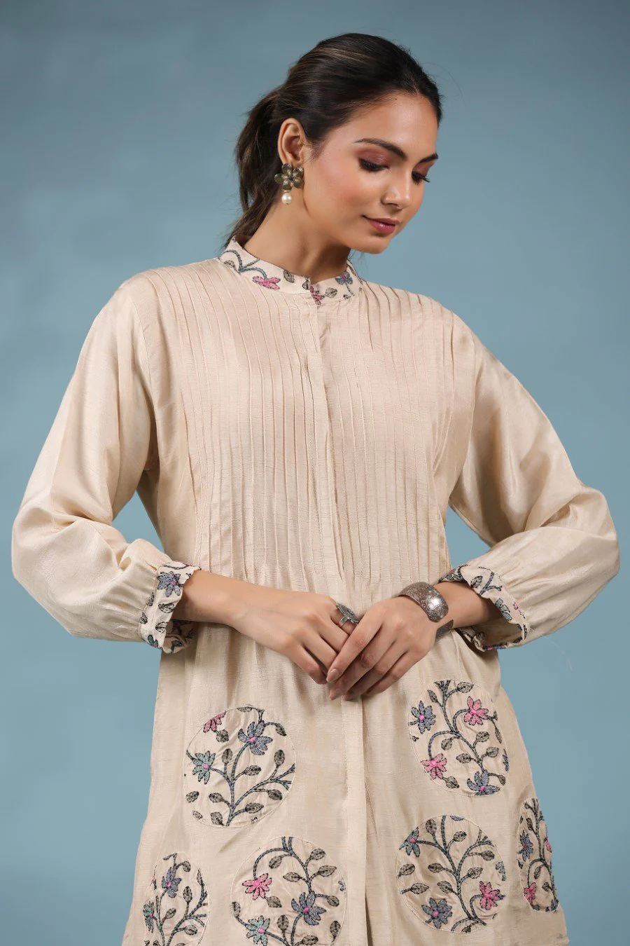 Cream Tussar Silk Kantha Embroidered Co-ord Set - Image 2