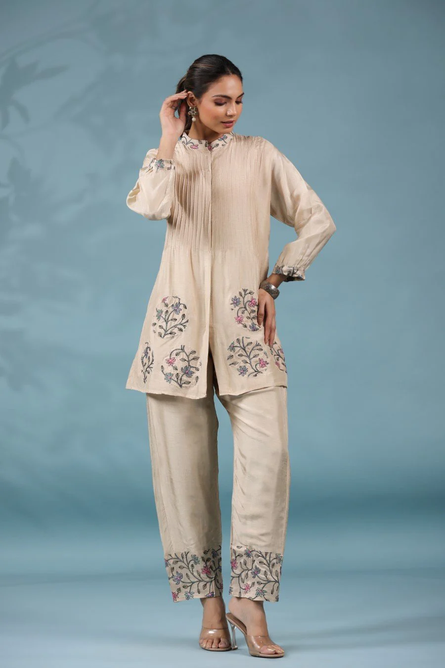 Cream Tussar Silk Kantha Embroidered Co-ord Set - Image 3