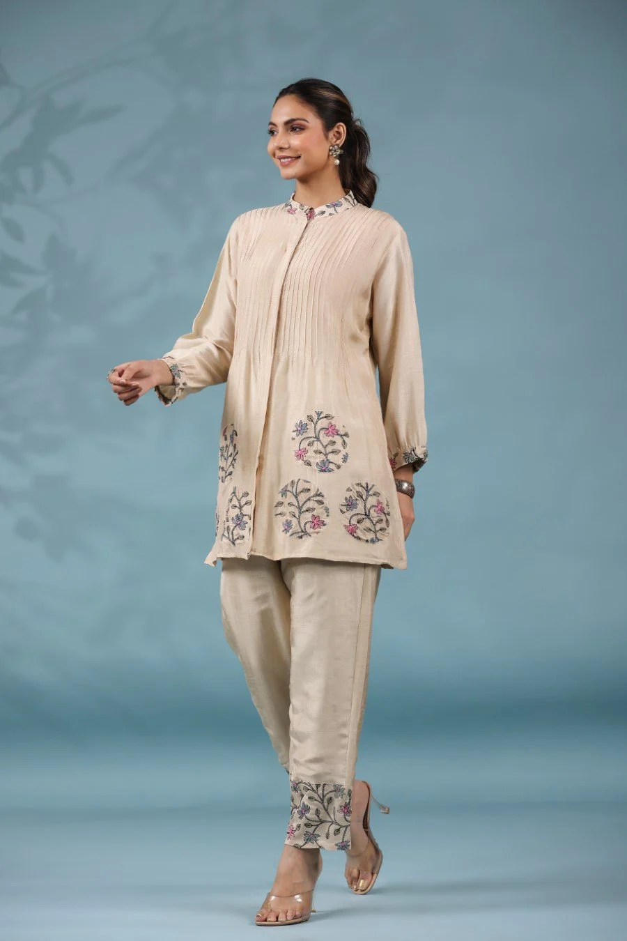Cream Tussar Silk Kantha Embroidered Co-ord Set - Image 4