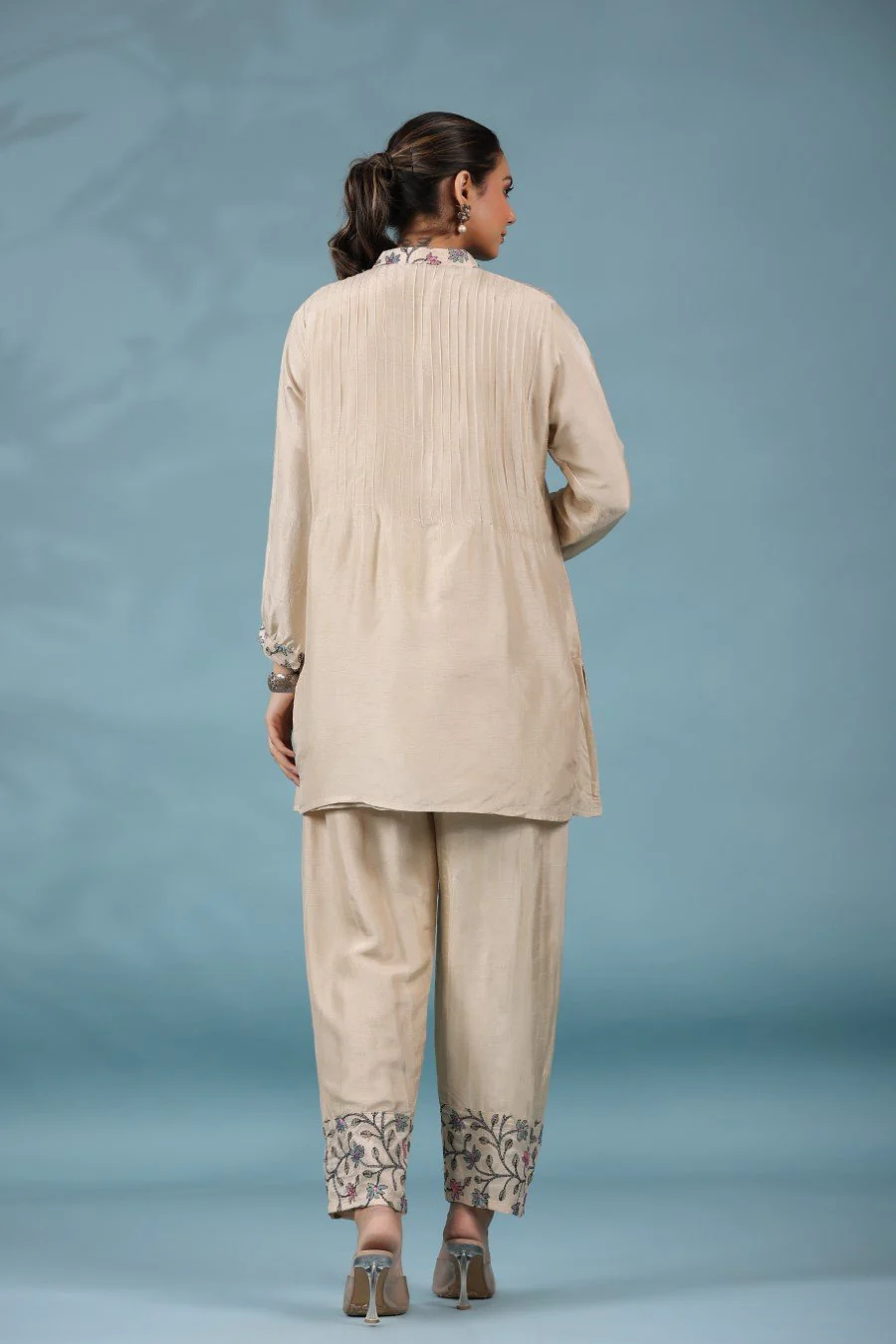 Cream Tussar Silk Kantha Embroidered Co-ord Set - Image 5