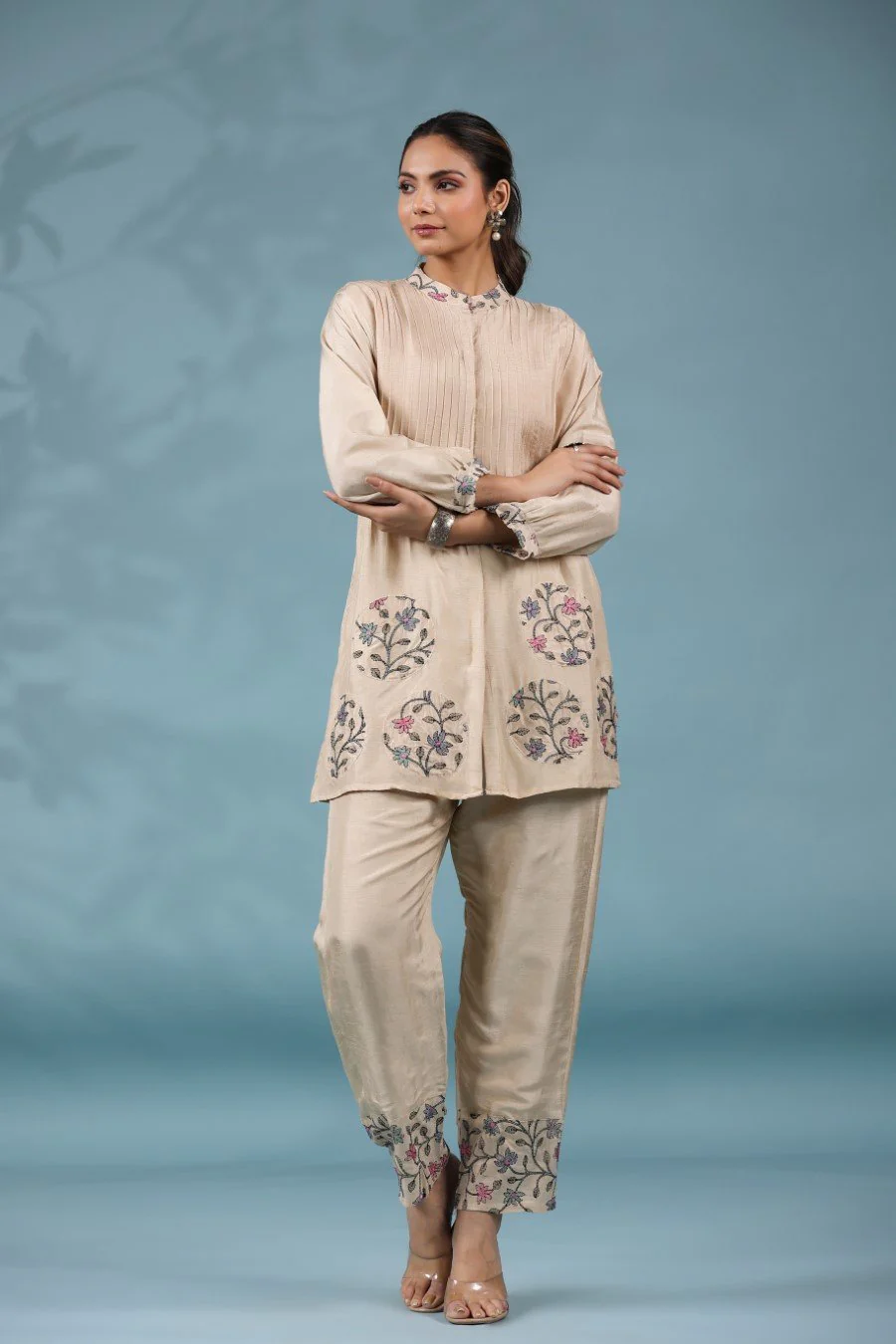 Cream Tussar Silk Kantha Embroidered Co-ord Set - Image 6
