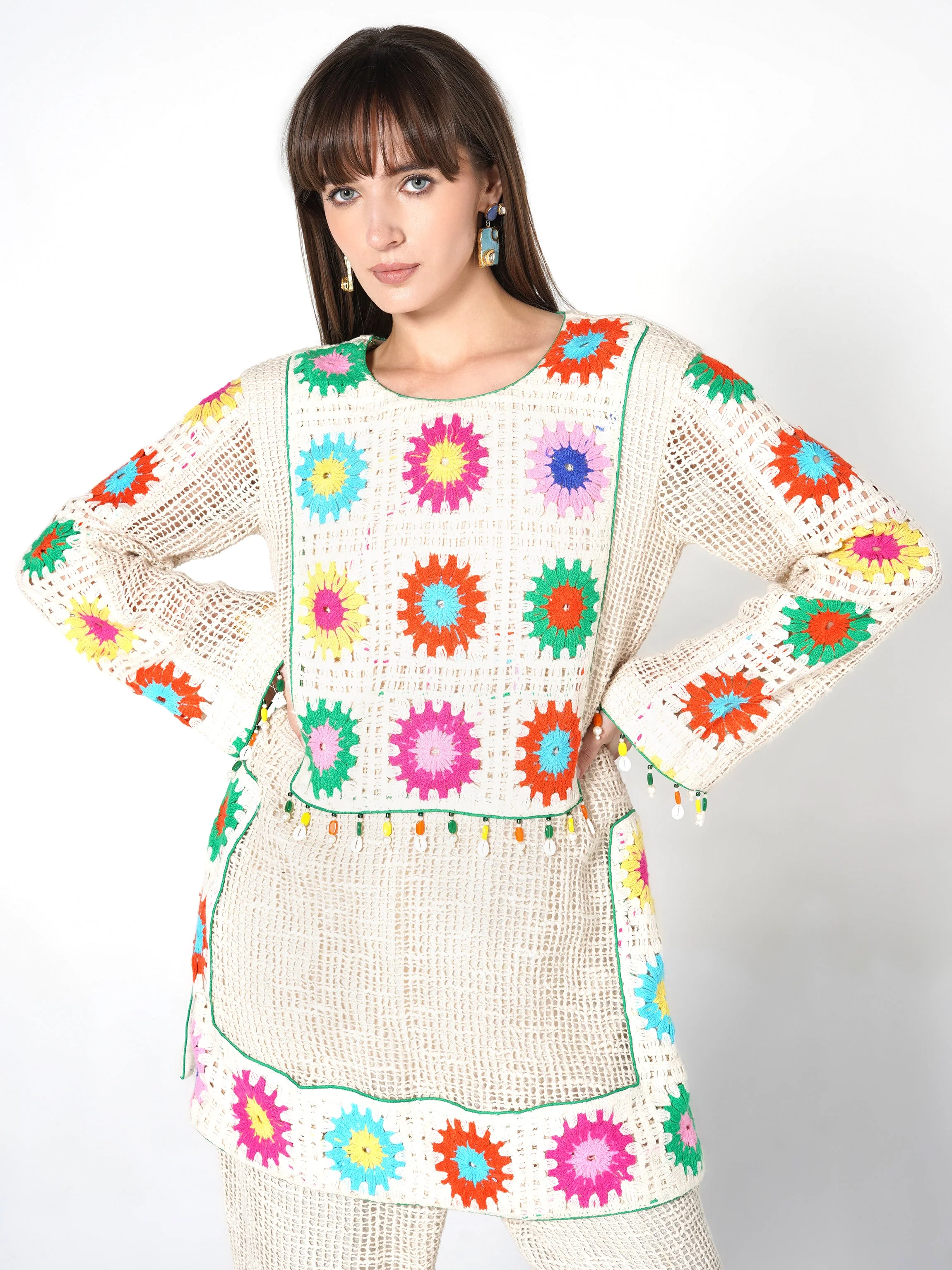Cream Vibrant Floral Crochet Jute Co-ord Set - Image 2