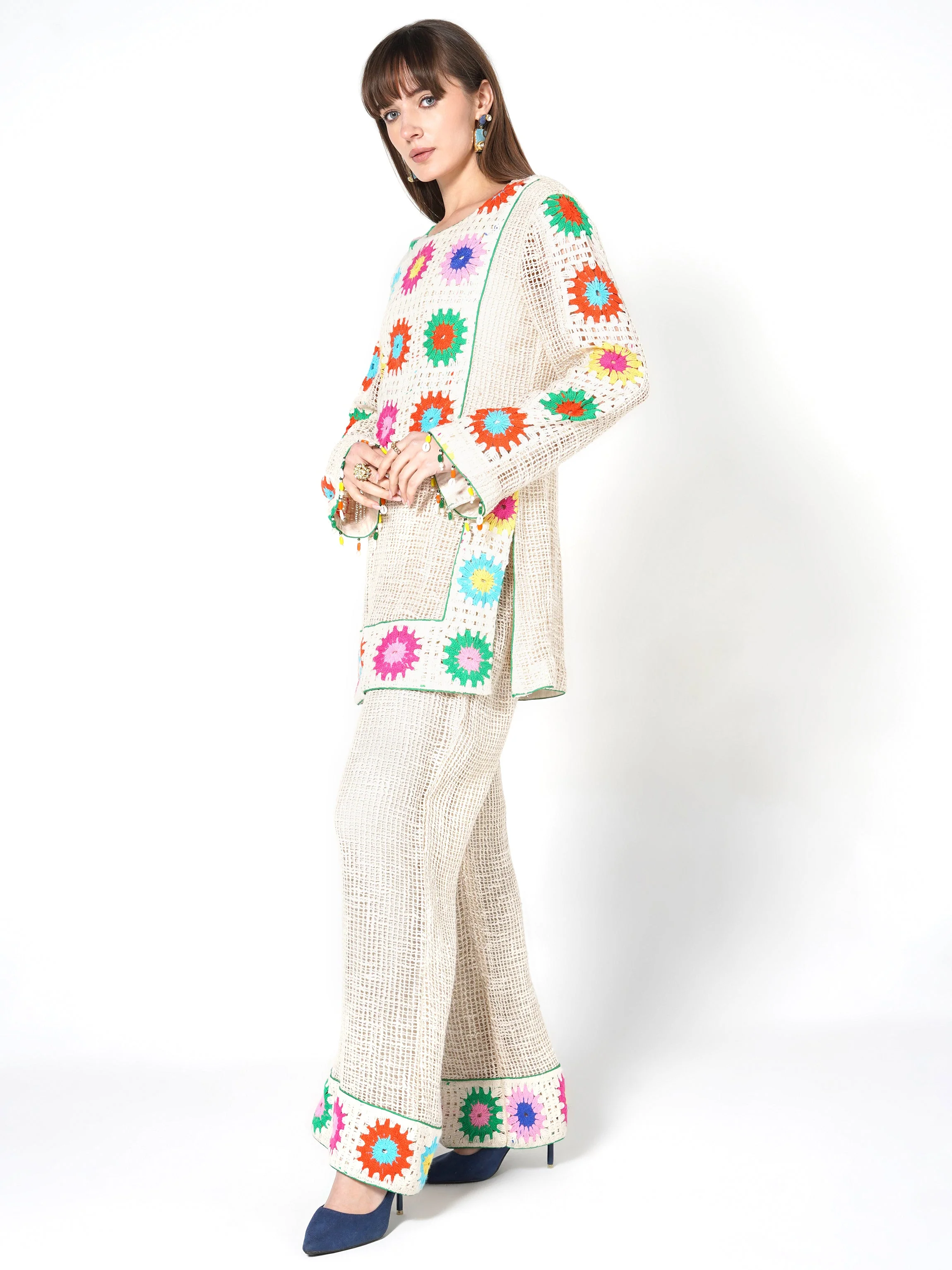 Cream Vibrant Floral Crochet Jute Co-ord Set - Image 3