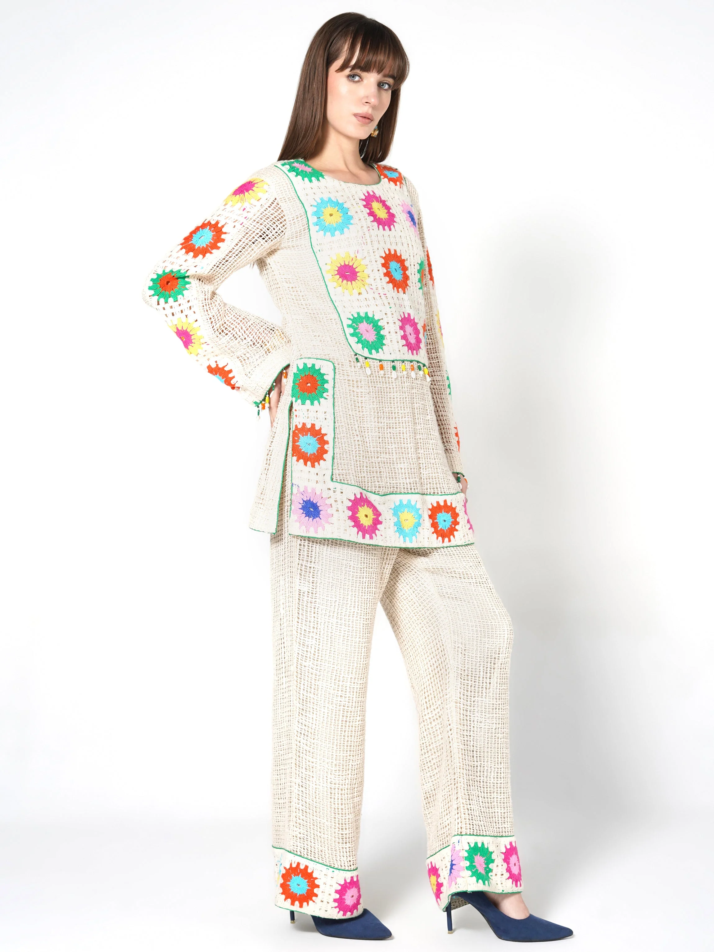 Cream Vibrant Floral Crochet Jute Co-ord Set - Image 4