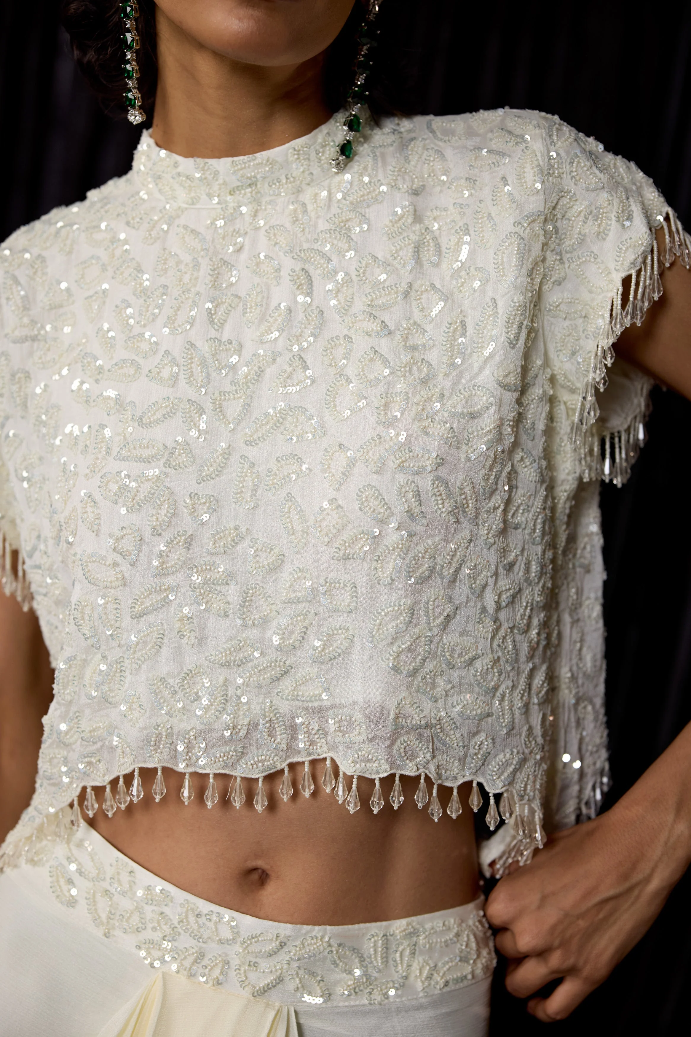 Cream White Embellished Chinon Silk Drape Skirt Set - Image 2